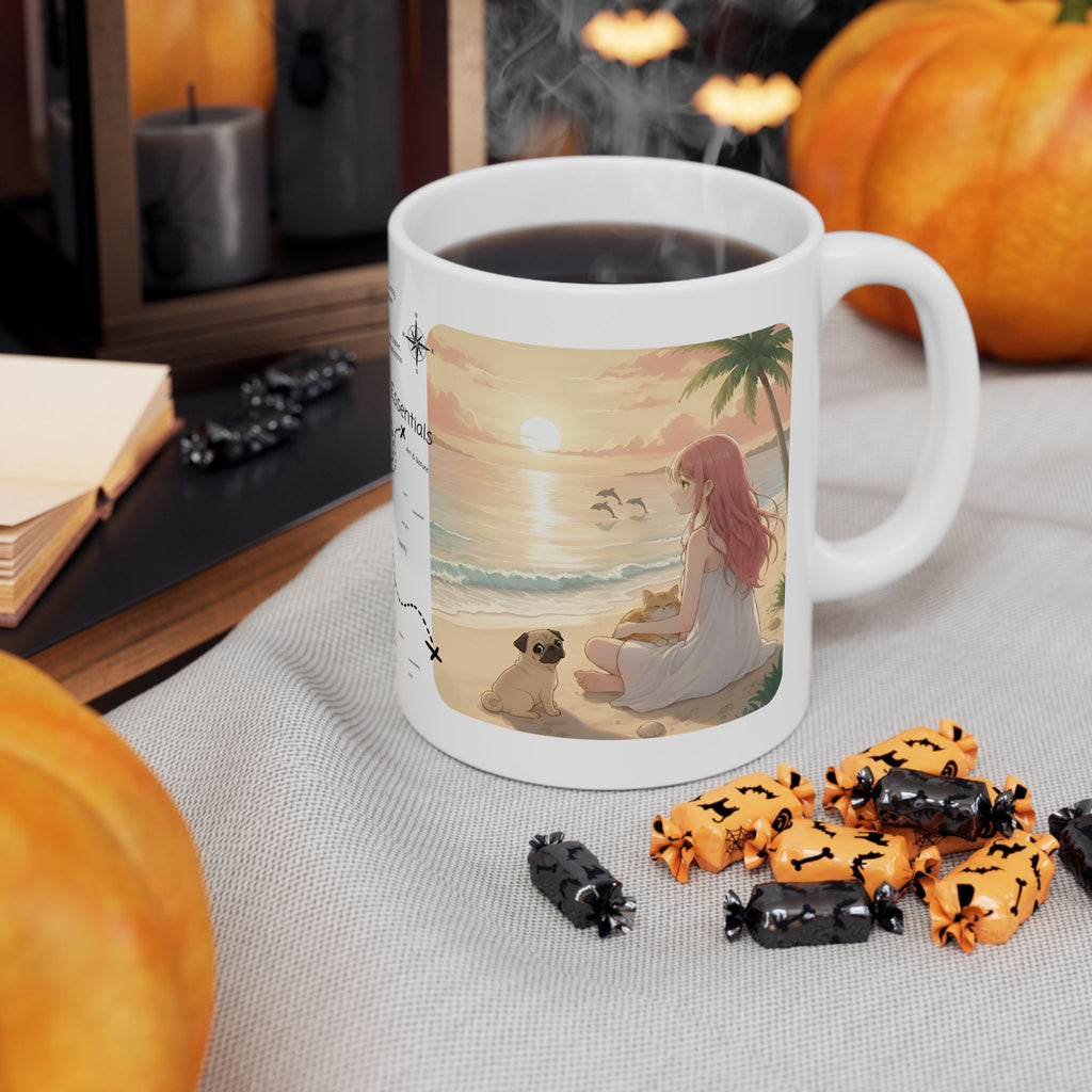 Cute French Bulldog, Pug & Orange Cat Coastal Vibe White Ceramic Mug, Cozy Sunset Seascape Anime Girl Cup (11oz, 15oz)
