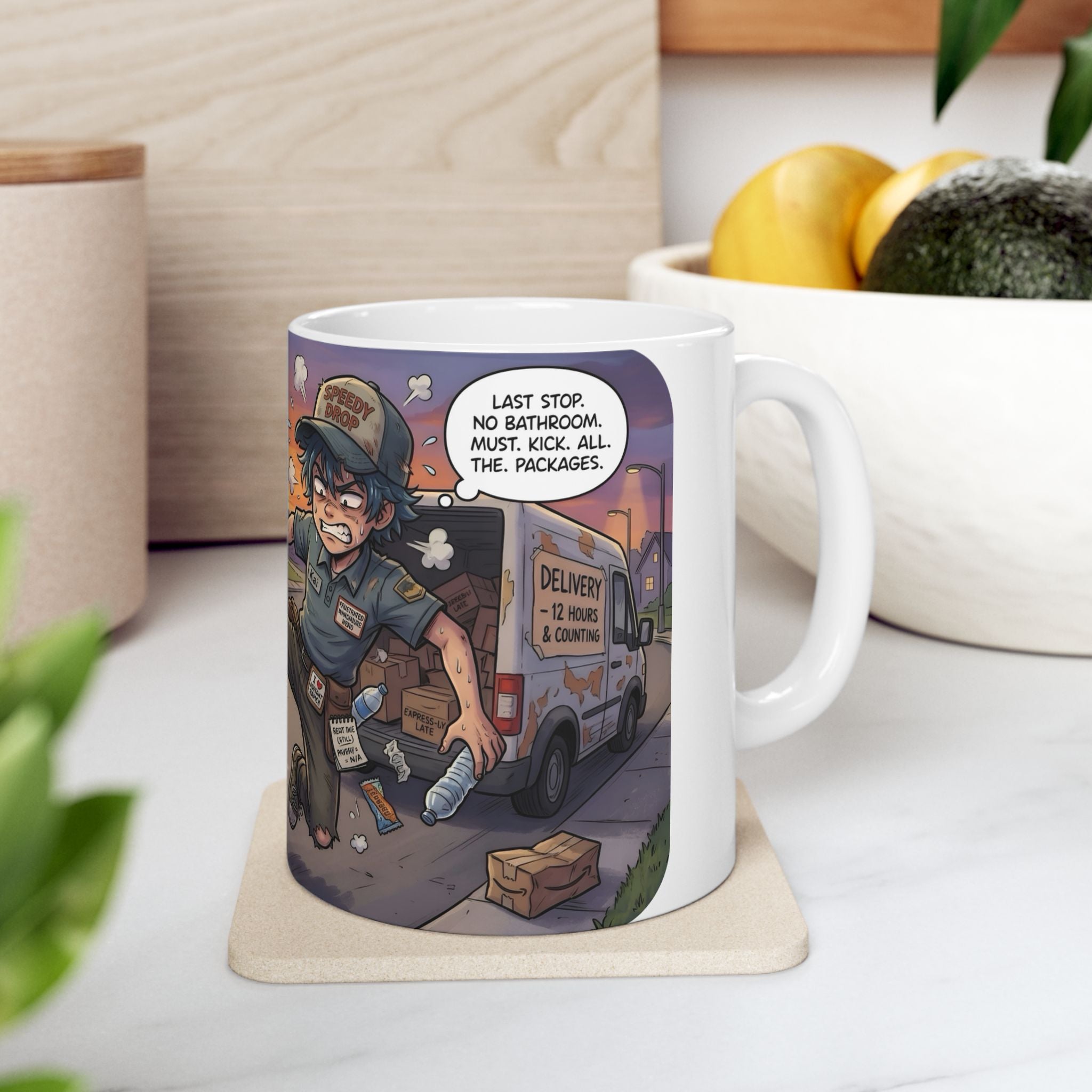Speedy Drop Delivery Bathroom Tales White Ceramic Mug — "Gotta Go" Postal Worker Tea Cup (11oz/15oz)