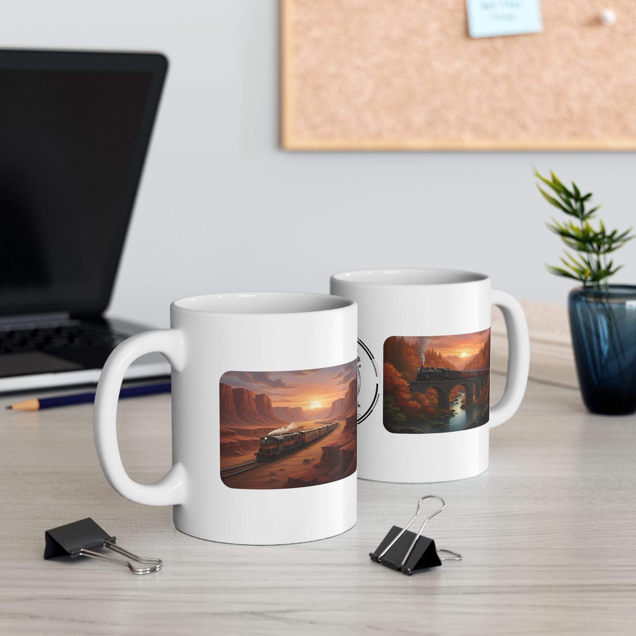Desert Canyon Sunset Railway White Ceramic Mug — Vintage Steam Train Forest Viaduct Cup (11oz/15oz)