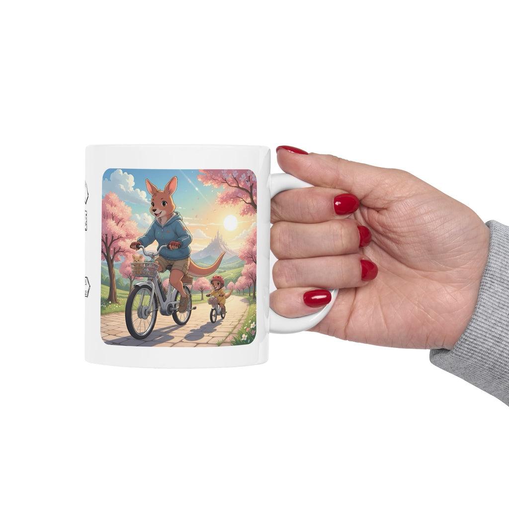 Too Cute to Handle!  Kangaroo Mom & Joey Biking Under Cherry Blossoms White Ceramic Mug — Mommy & Me Anime Bike Adventure Cup for Happy Sips, 11oz & 15oz