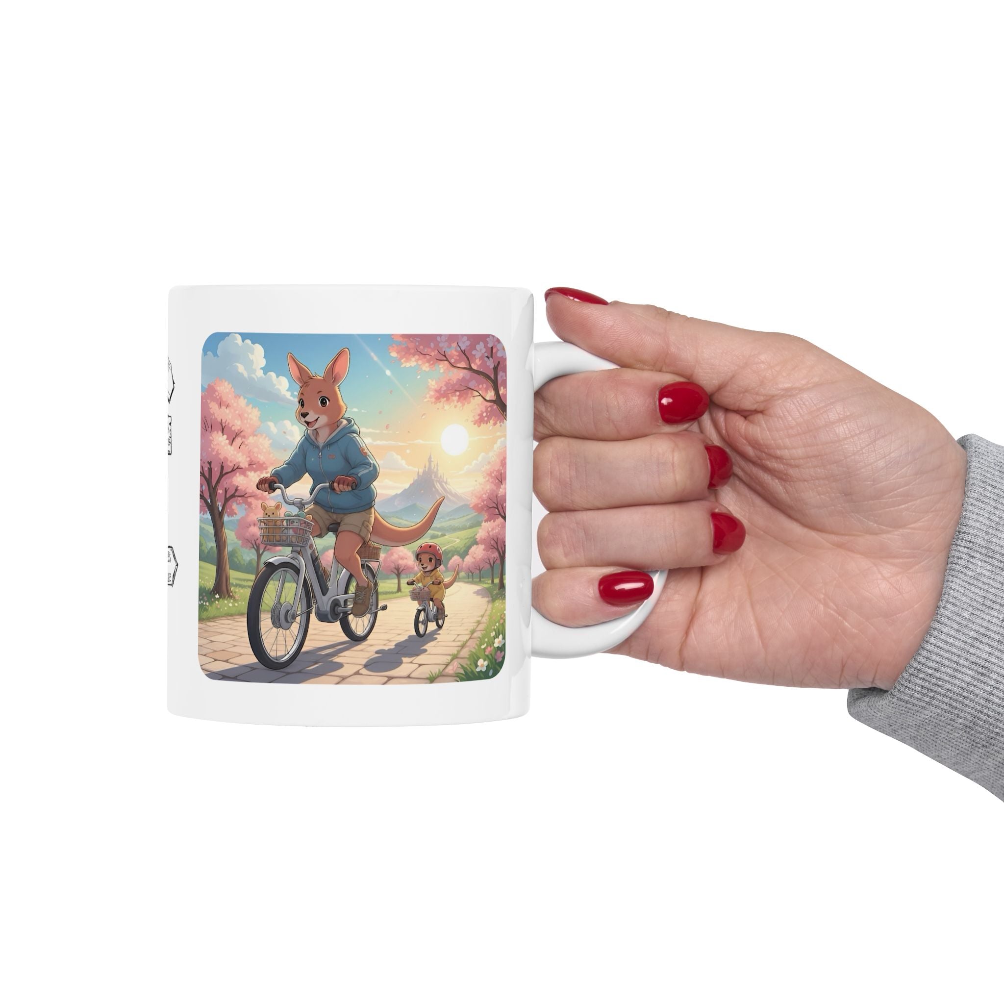 Too Cute to Handle!  Kangaroo Mom & Joey Biking Under Cherry Blossoms White Ceramic Mug — Mommy & Me Anime Bike Adventure Cup for Happy Sips, 11oz & 15oz