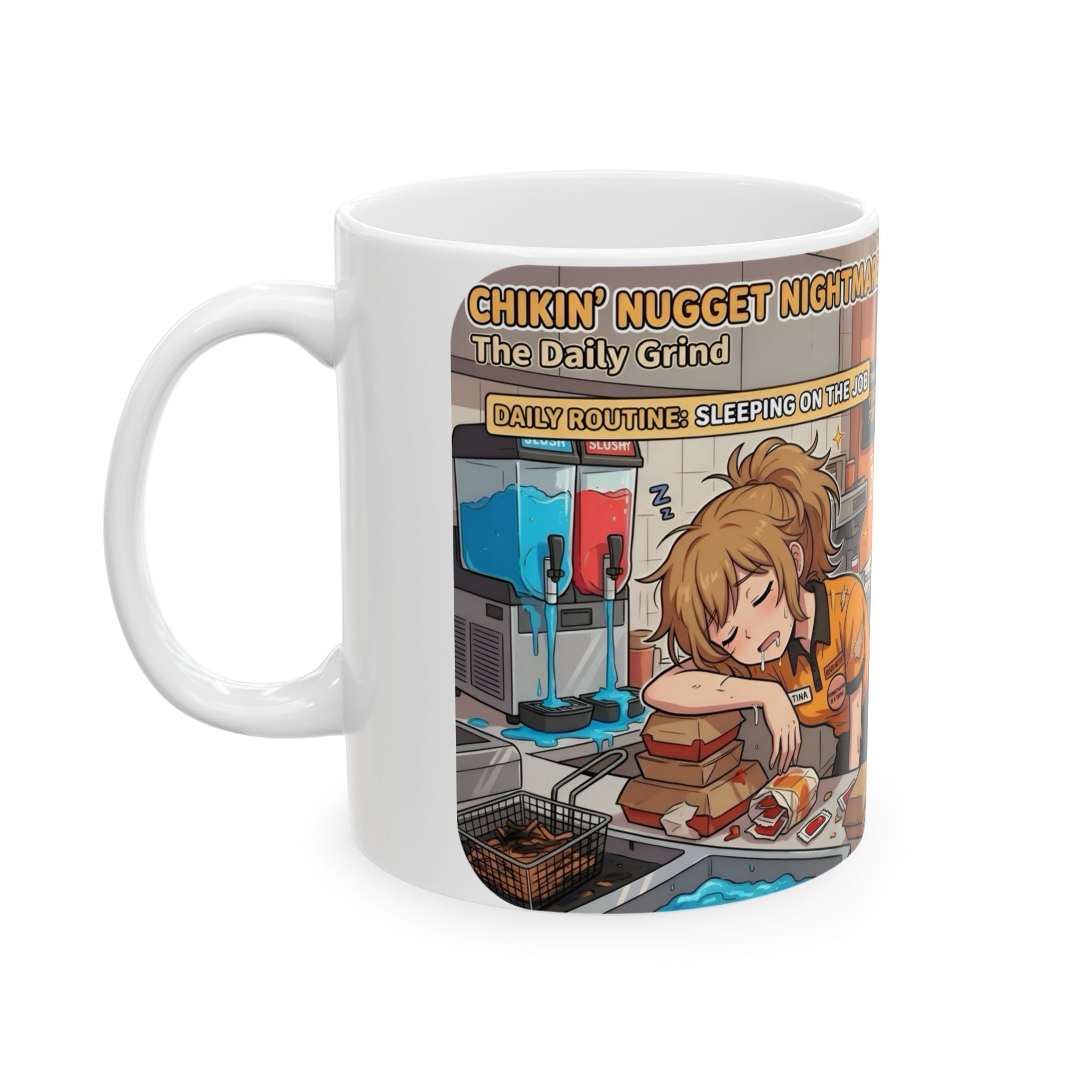 Funny Fast-Food Shift White Ceramic Mug – “Worst Nightmares” Comic Cafe Cup (11oz/15oz)