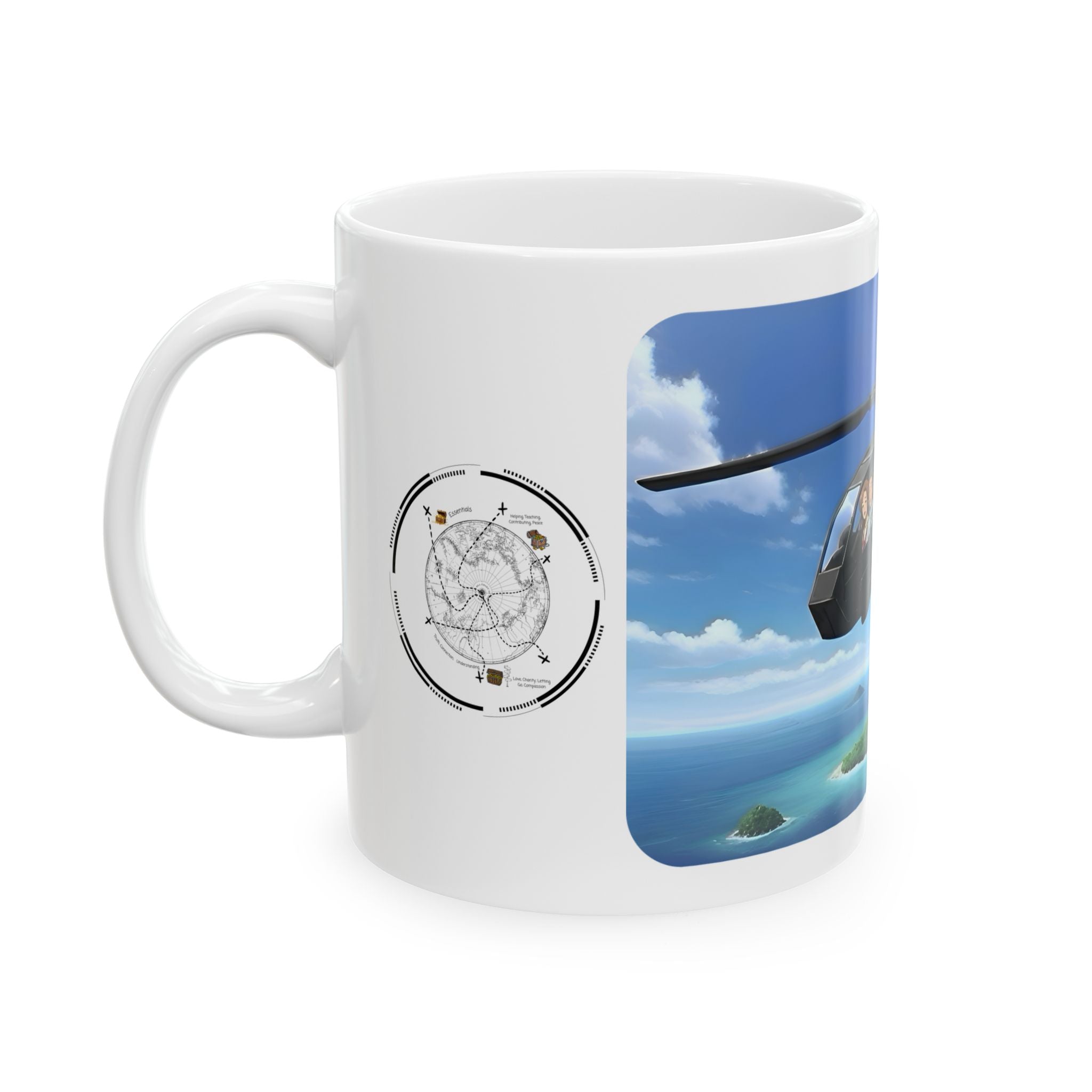 Anime Helicopter Adventure #1 Beach & The Tropical Island White Ceramic Mug – Celebrating Companionship, Creativity & Life’s Little Wonders Cup (11oz/15oz)