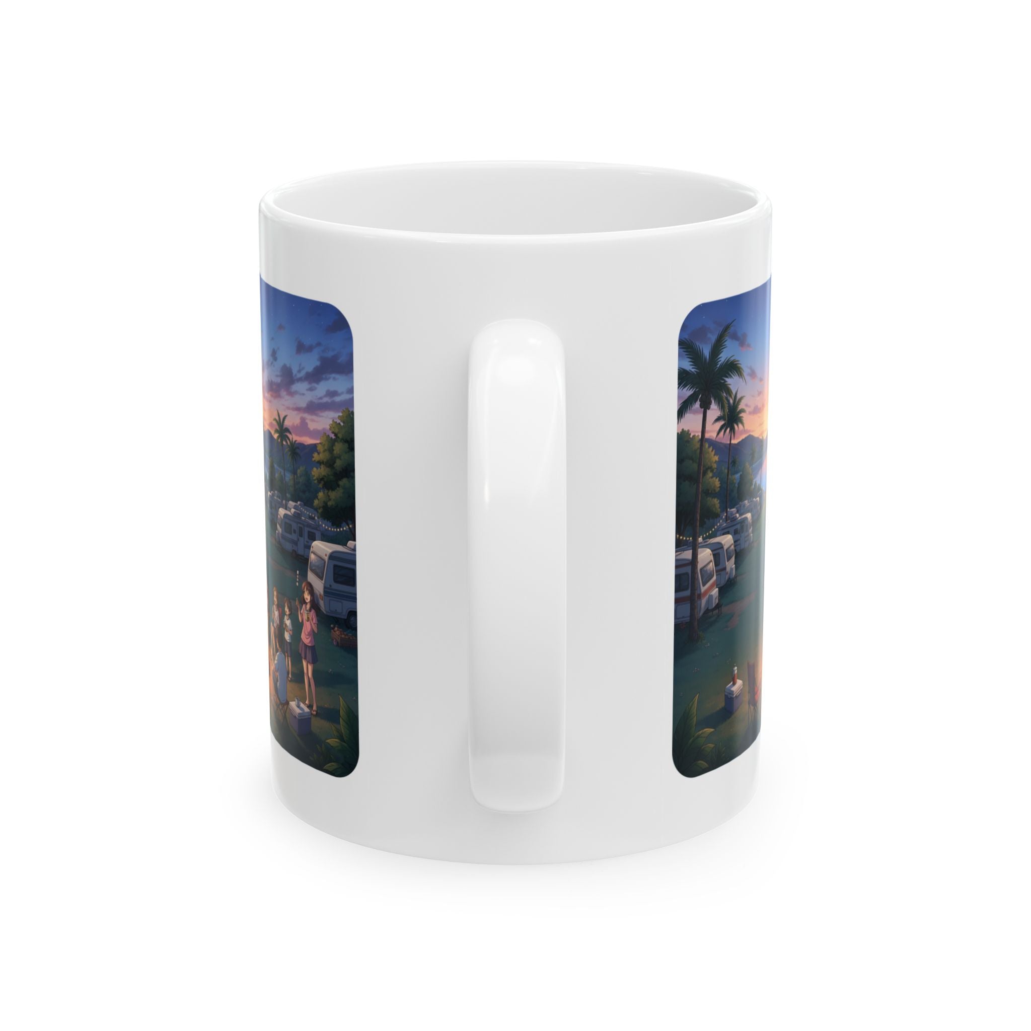 Cozy Sunset Lake Travel Adventure White Ceramic Mug — Vintage Map Compass & Tropical RV Roadtrip Cup (11oz/15oz)
