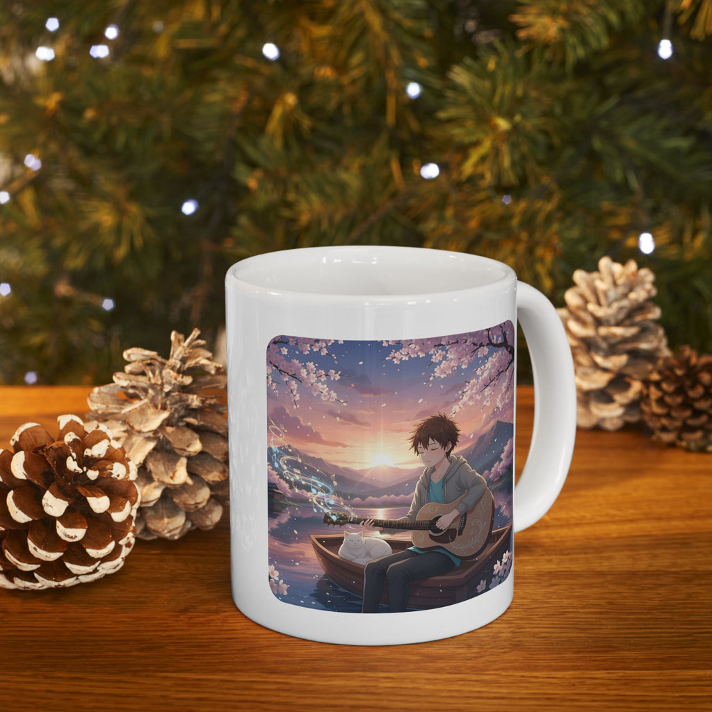 Guitarist & Cat Sunset Lake White Ceramic Mug — Tranquil Nature Music Scene (11oz, 15oz)