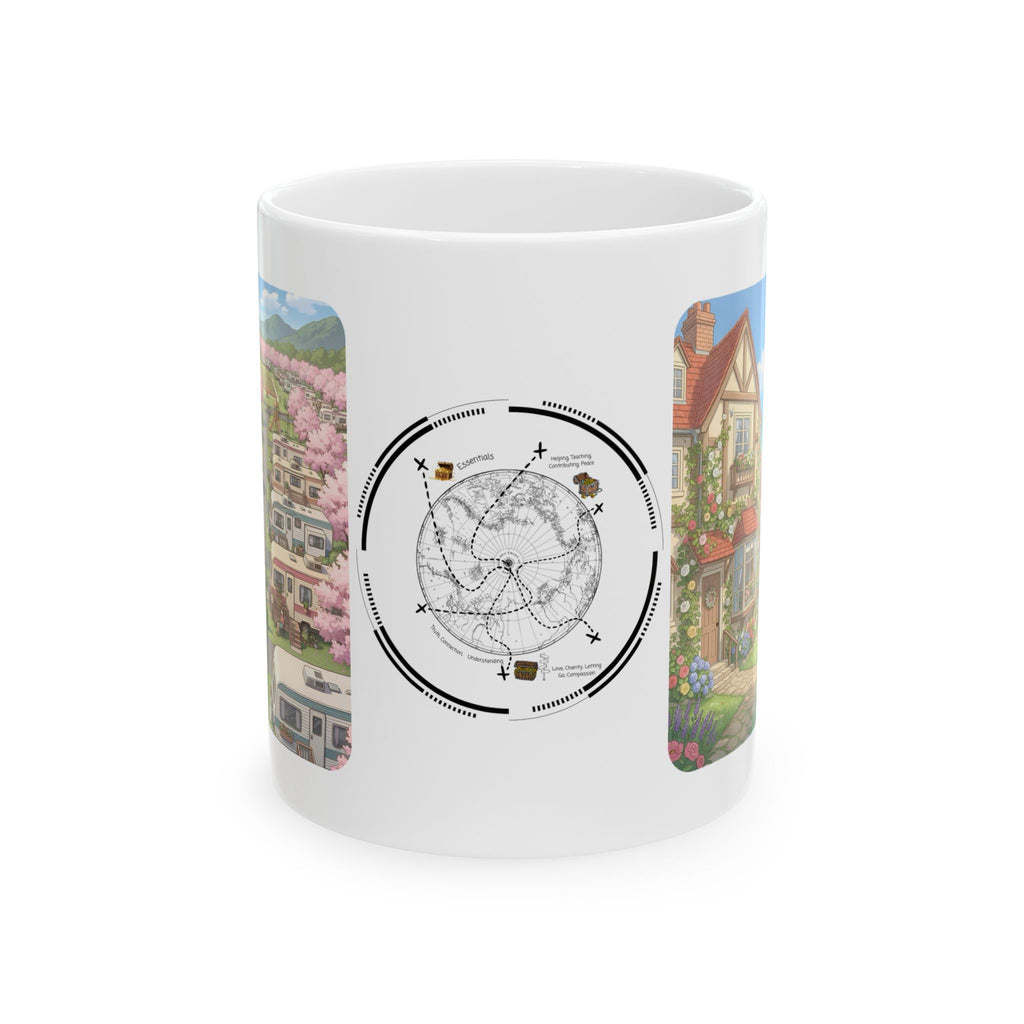 Kawaii English Garden Wildflower Meadow White Ceramic Mug — Cherry Blossom RV Camping Village Cup (11oz/15oz)