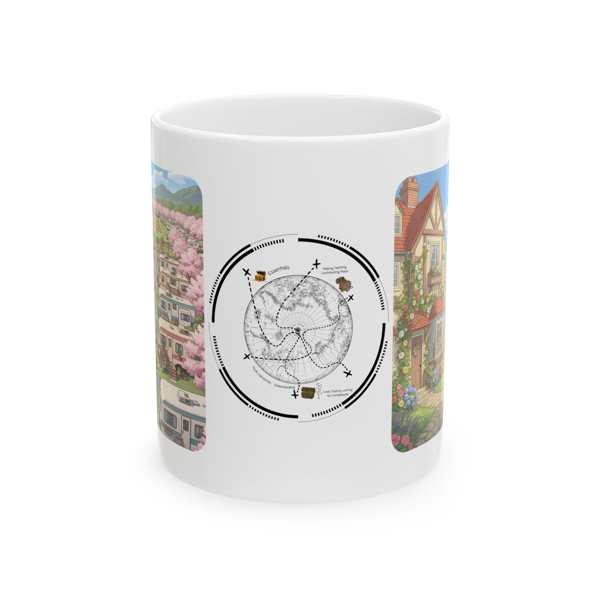 Kawaii English Garden Wildflower Meadow White Ceramic Mug — Cherry Blossom RV Camping Village Cup (11oz/15oz)