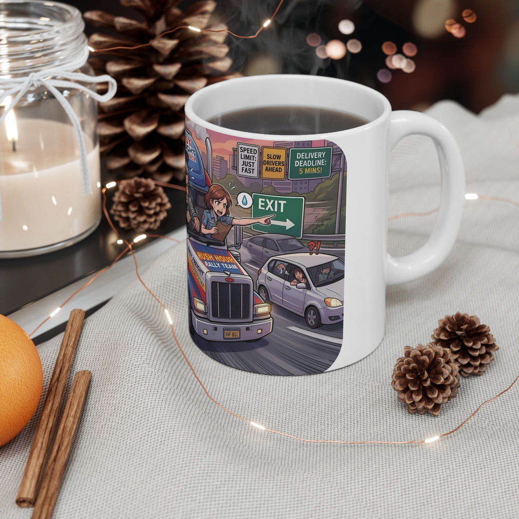 Trucker Life White Ceramic Mug – 'Fast Freight' Big Rig Tea Cup (11oz/15oz)