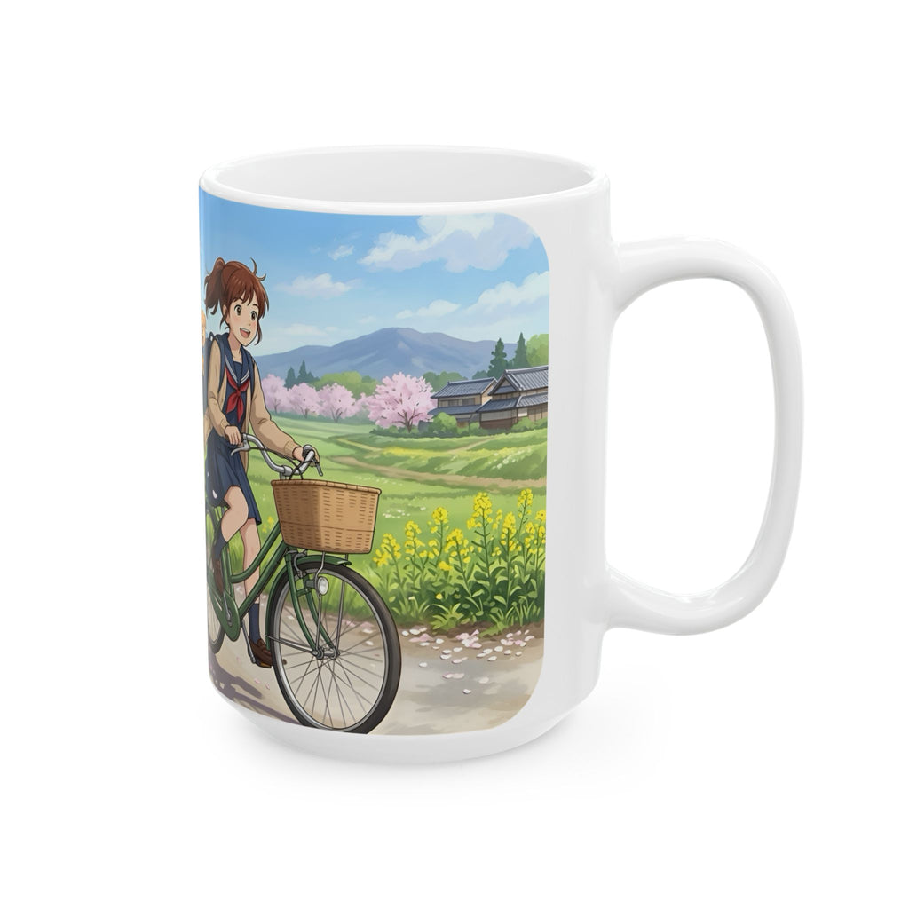 A Quiet Moment of Escape White Ceramic Mug — Sunlit Spring Sakura Cycling Cup (11oz, 15oz)