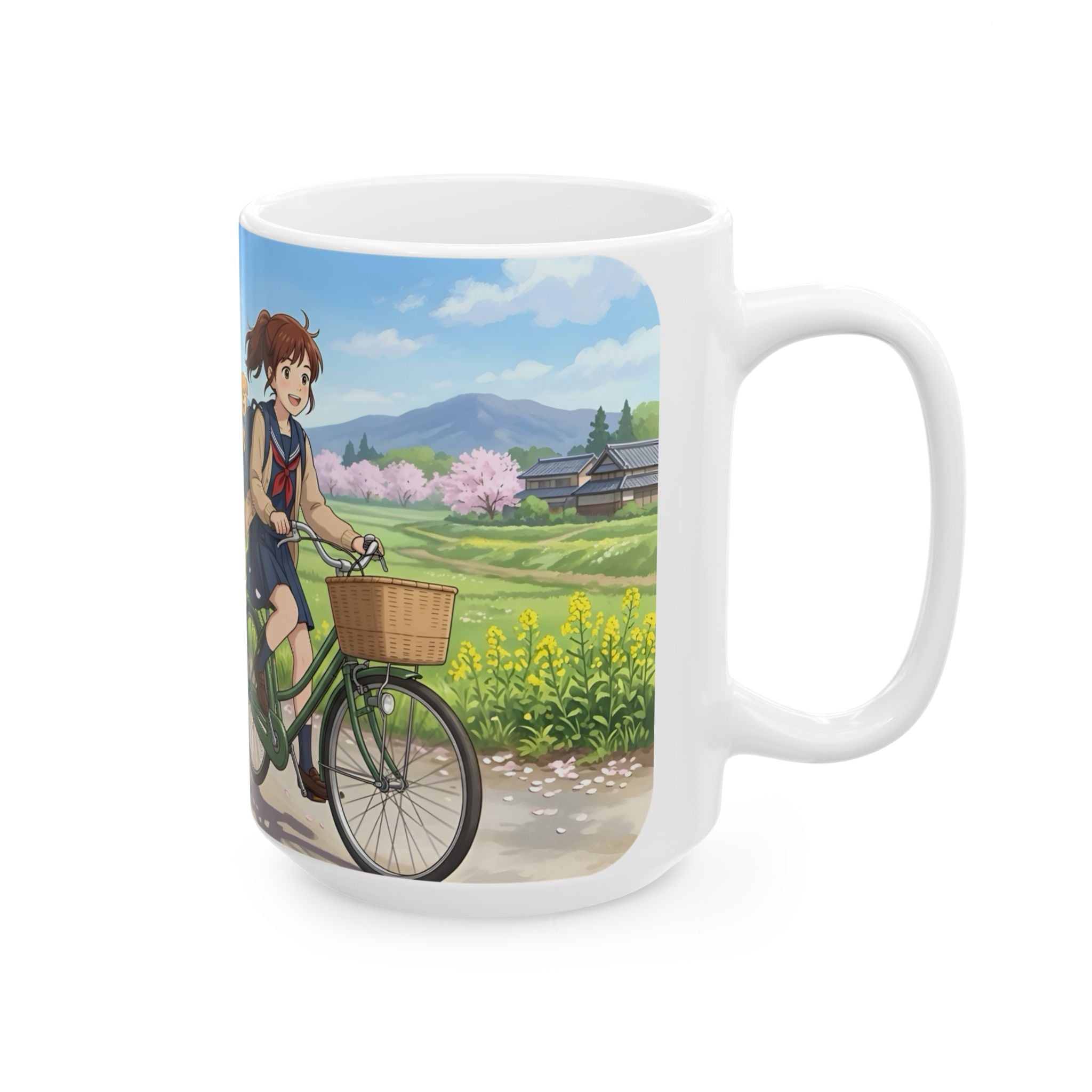 A Quiet Moment of Escape White Ceramic Mug — Sunlit Spring Sakura Cycling Cup (11oz, 15oz)