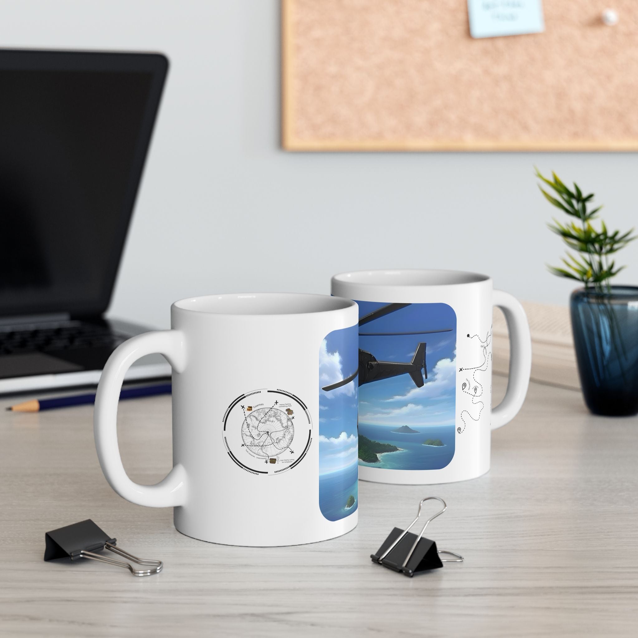 Anime Helicopter Adventure #1 Beach & The Tropical Island White Ceramic Mug – Celebrating Companionship, Creativity & Life’s Little Wonders Cup (11oz/15oz)