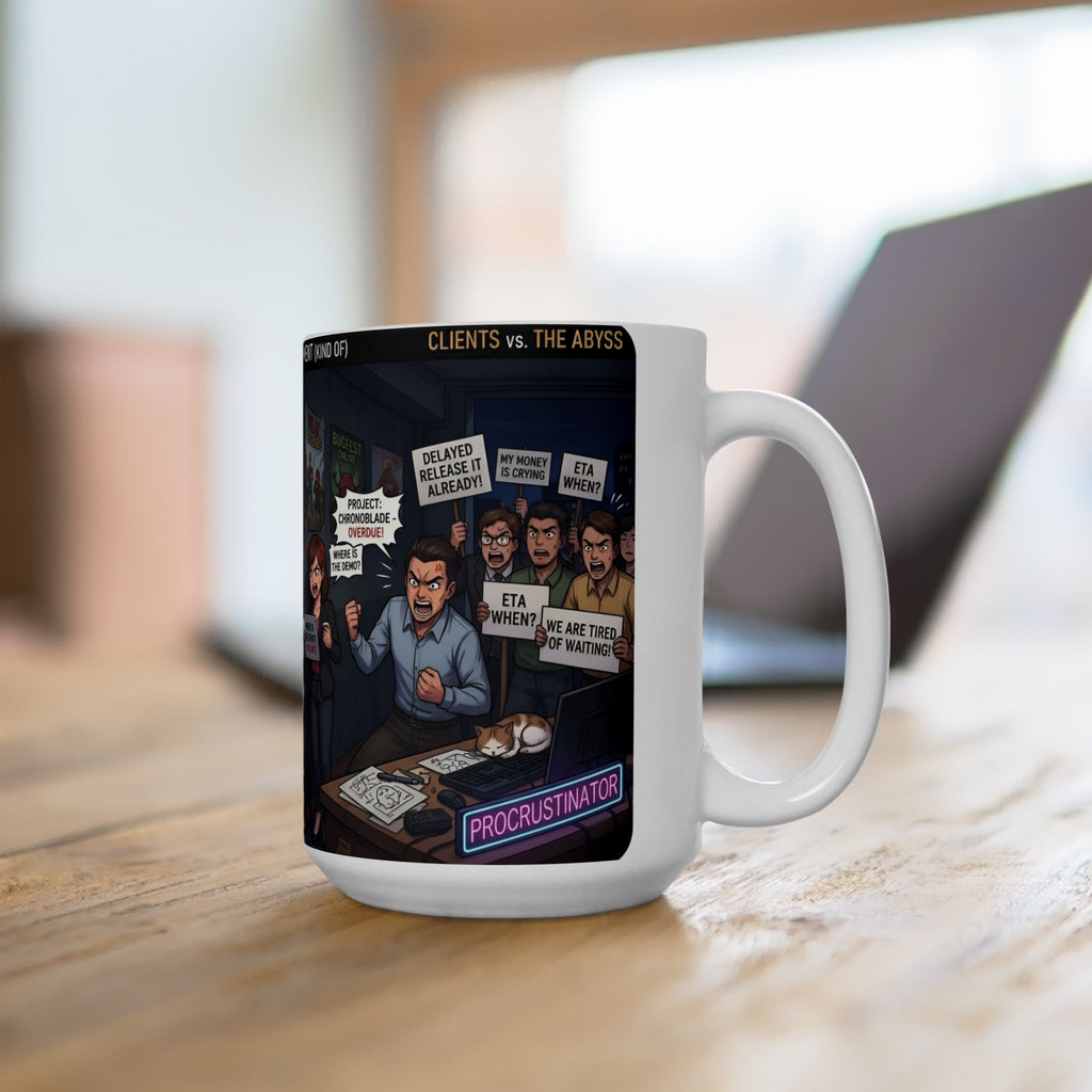 Indie Game Developer Life White Ceramic Mug — Funny Gaming Studio Office Cup, 11oz & 15oz
