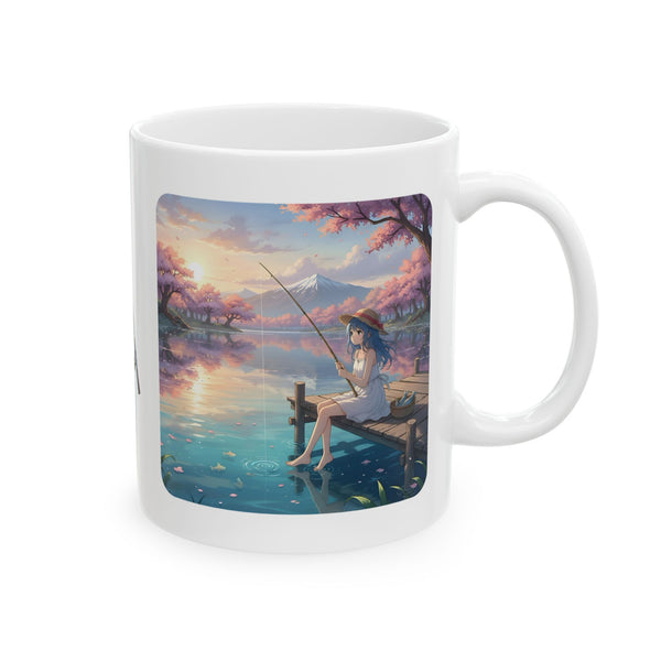 Anime Girl Fishing at Sunset Pier White Ceramic Mug — Spring Blossom Mountain Lakeside Tea Cup (11oz & 15oz)