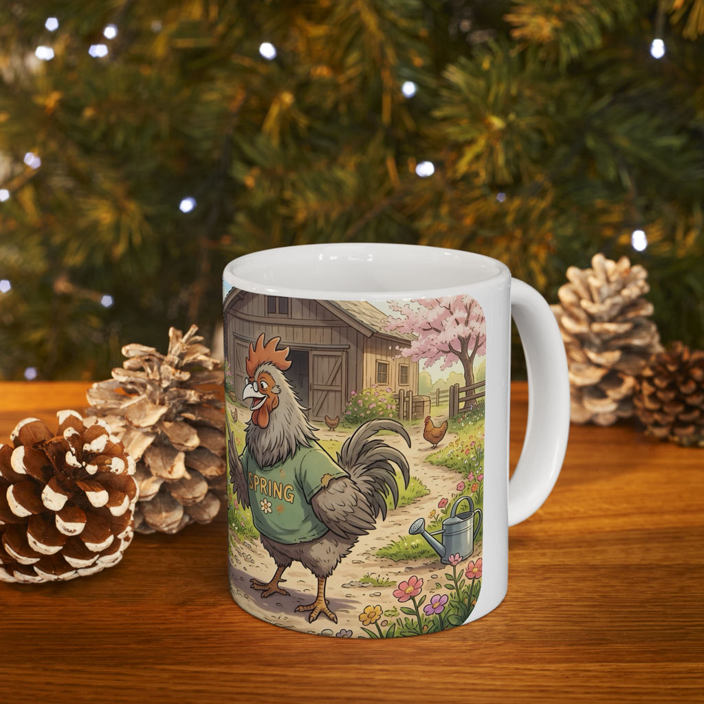 Spring Rooster & Chickens White Ceramic Mug — Cute & Cozy Country Farm Tea Cup (11oz/15oz)