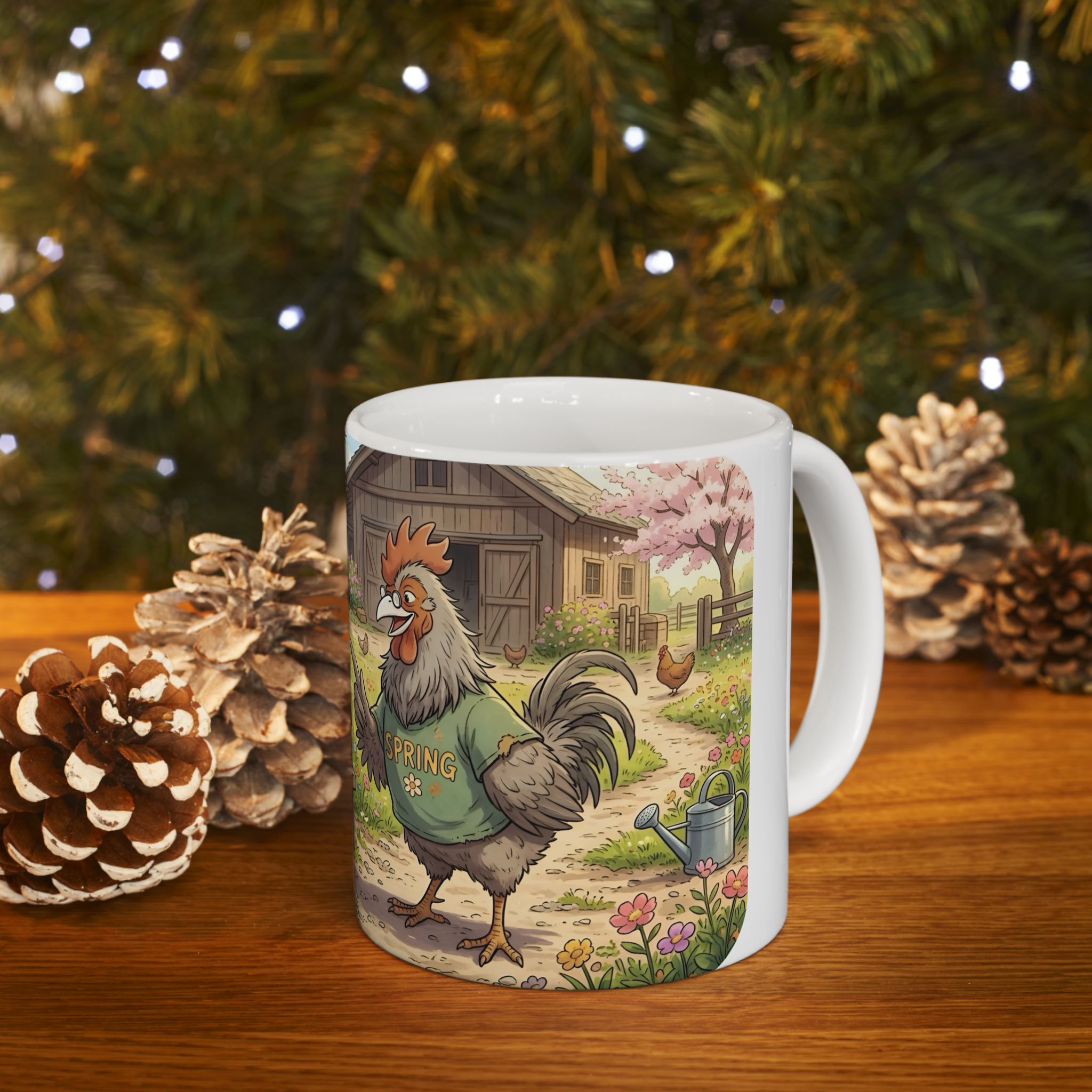 Spring Rooster & Chickens White Ceramic Mug — Cute & Cozy Country Farm Tea Cup (11oz/15oz)
