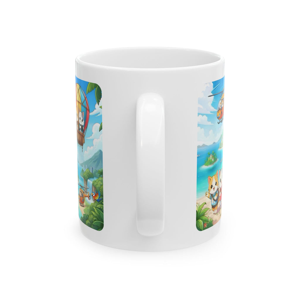 Tropical Chibi Cats Helicopter Adventure White Ceramic Mug — Kawaii Cats Hot Air Balloon Summer Cup (11oz & 15oz)