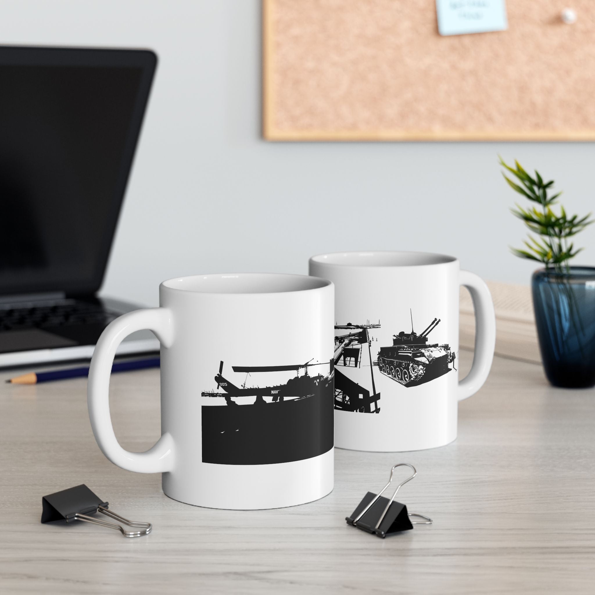 Harbor Panorama White Ceramic Mug — Black & White Maritime Port Cup (11oz, 15oz)