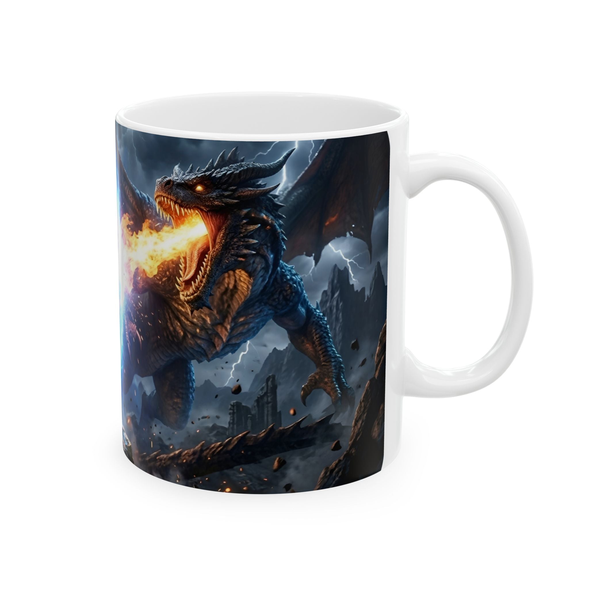 Dragon Battle #2 White Ceramic Mug — Epic Fantasy Gaming Adventure Scene (11oz, 15oz)