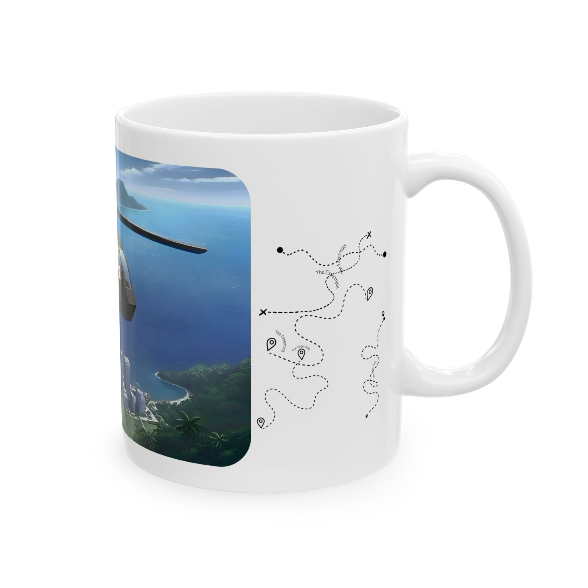 Anime Helicopter Adventure #7 Kawaii Kittens Over Tropical Beachy Metro White Ceramic Mug – Celebrating Companionship, Creativity & Life’s Little Wonders Cup (11oz/15oz)