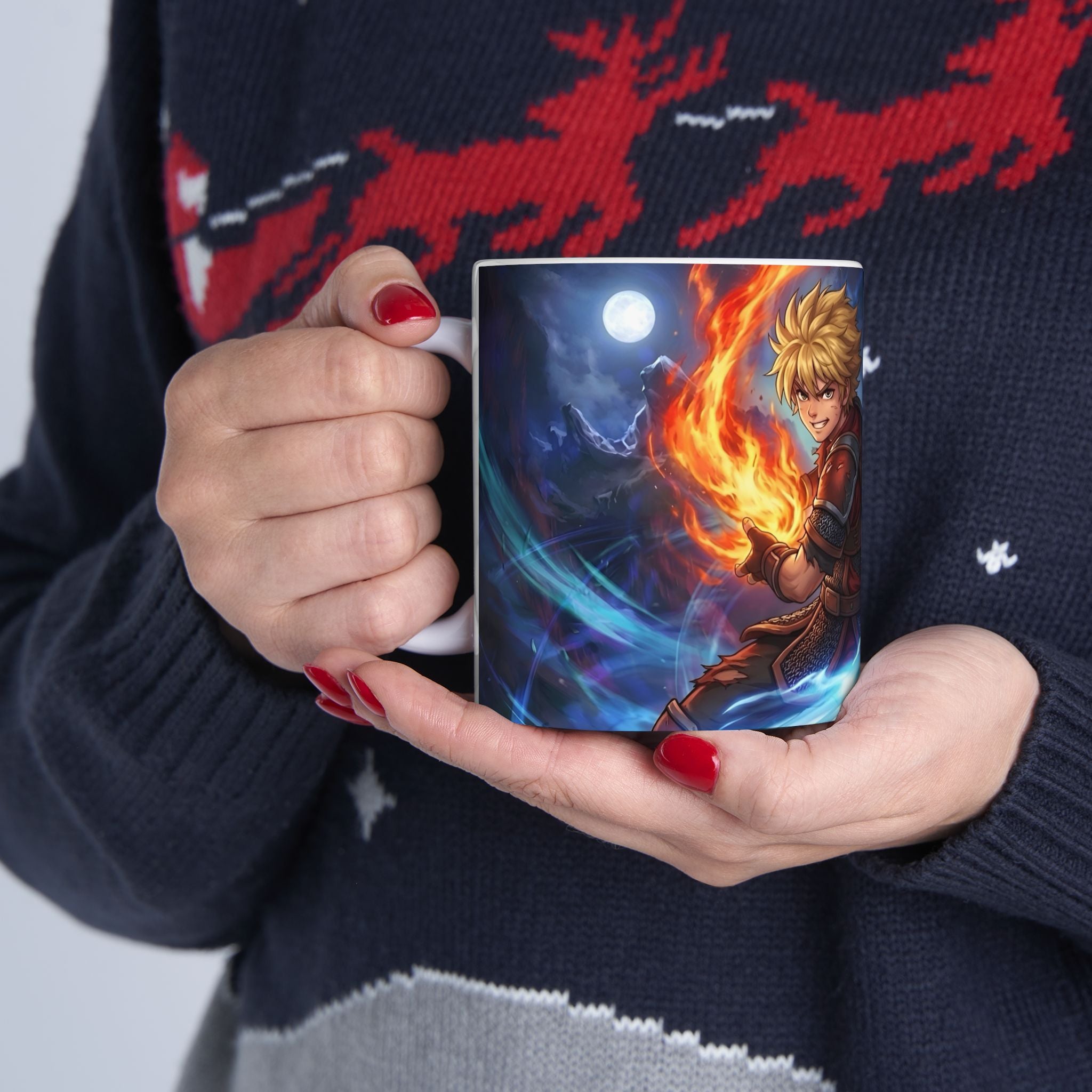 Anime Elemental Battle Duo #3 White Ceramic Mug — Fire And Lightning Gamers' Adventure(11oz, 15oz)