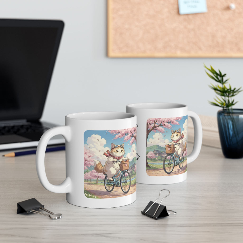 Cozy Kawaii Kitty Riding in Sakura Japan White Ceramic Mug — Whiskers on Wheels, Cherry Blossom Calm Cup, 11o z & 15oz