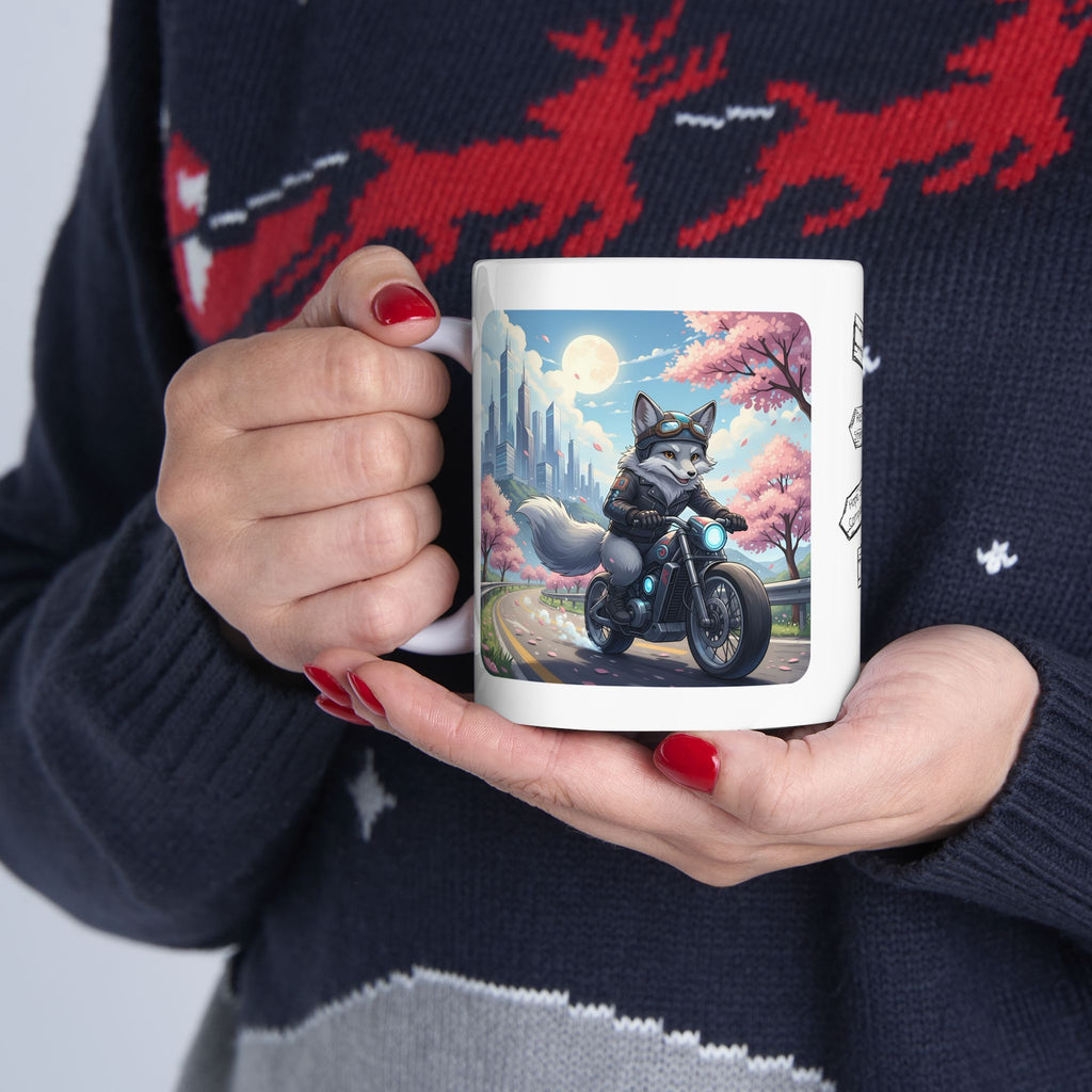 Kawaii Gray Fox Biker Wild & Free White Ceramic Mug — Sip & Ride Fox Moto Joy Cup, 11oz & 15oz