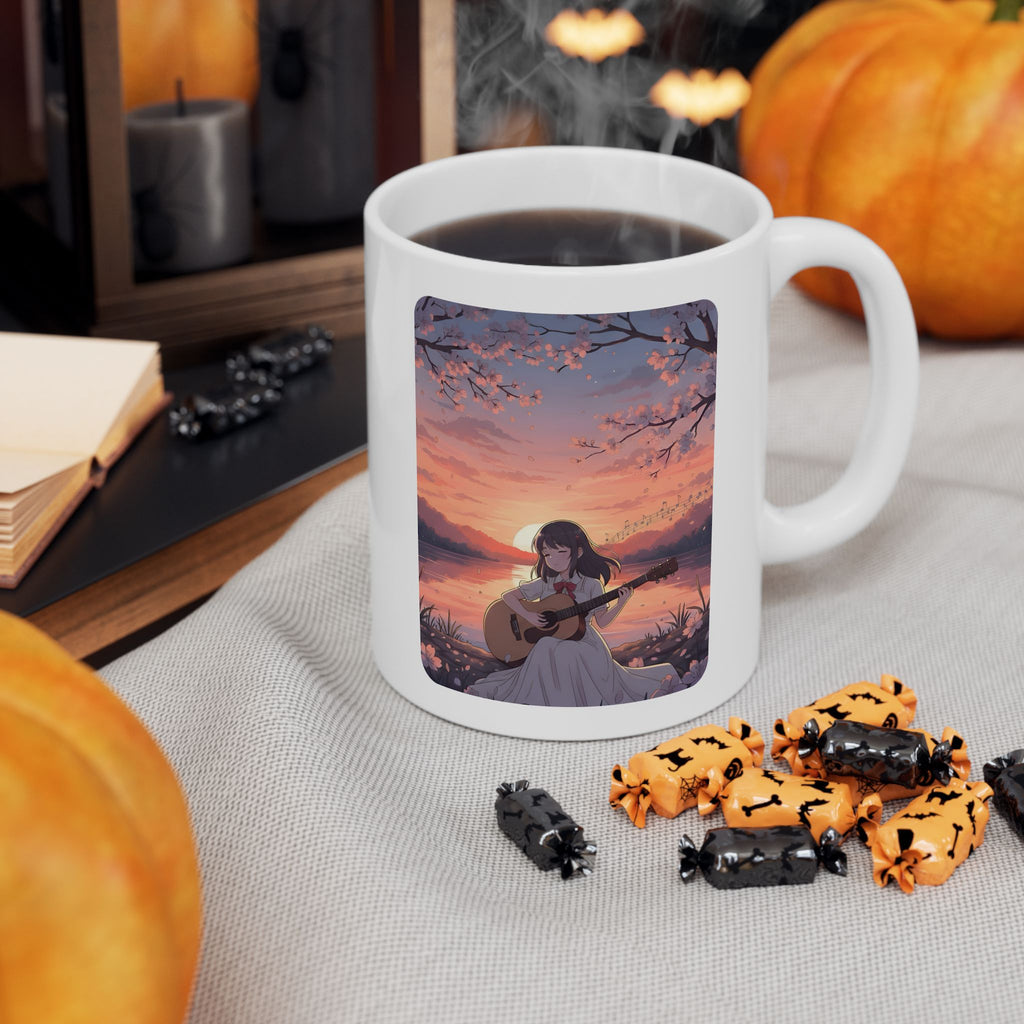 Little Melody Anime Sunset Reflections White Ceramic Mug — Scenic Cherry Blossom Mountain Lake Guitar Cup (11oz, 15oz)