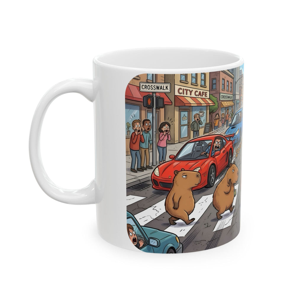 Capybara Abbey Road White Ceramic Mug – Funny Rodent Band Tea Cup (11oz & 15oz)