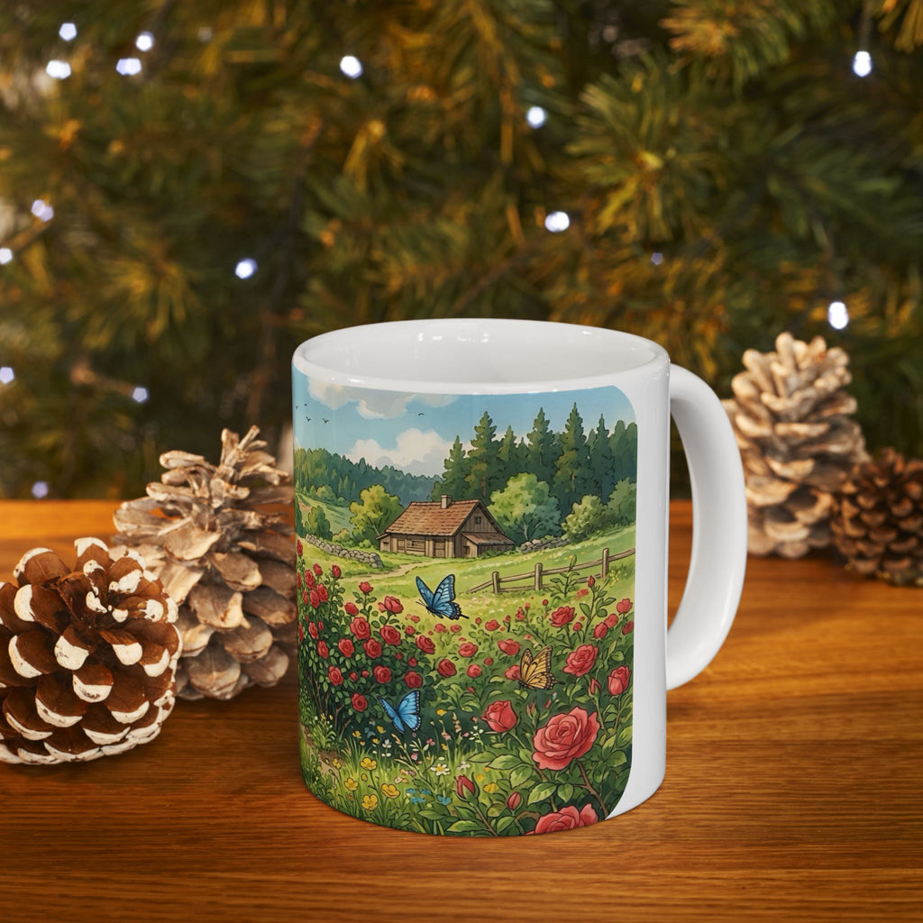 Scenic Countryside White Ceramic Mug — Floral Garden & Butterflies 11oz/15oz