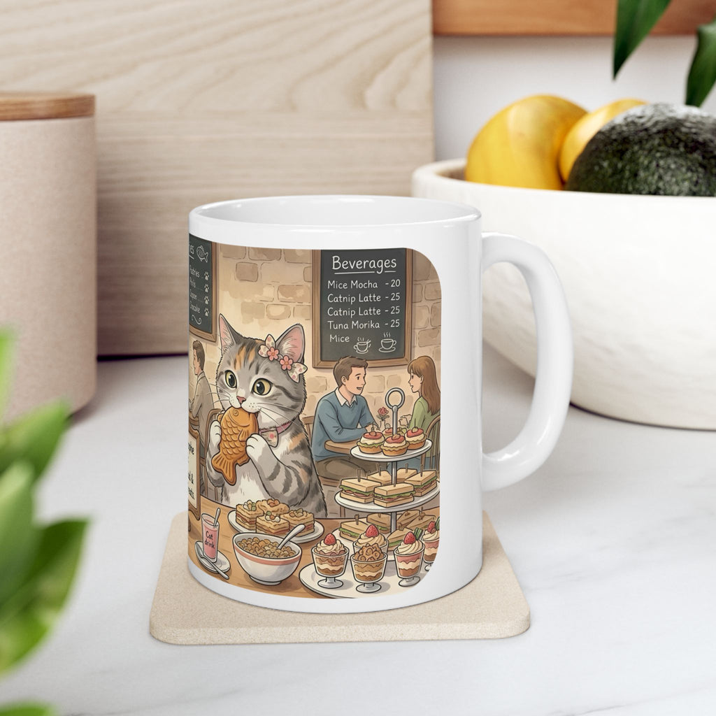 Cat-Astrophe Café White Ceramic Mug — Cute Cat Bakery Date Cup (11oz & 15oz)