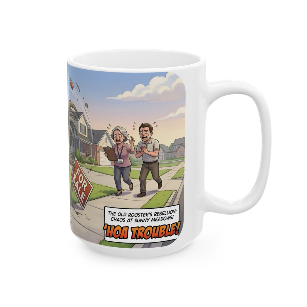 Rooster Rebellion White Ceramic Mug – Funny Morning HOA Trouble Cup (11oz/15oz)