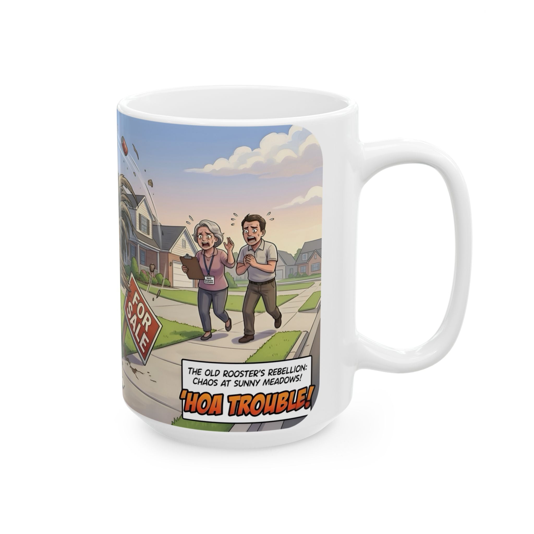 Rooster Rebellion White Ceramic Mug – Funny Morning HOA Trouble Cup (11oz/15oz)