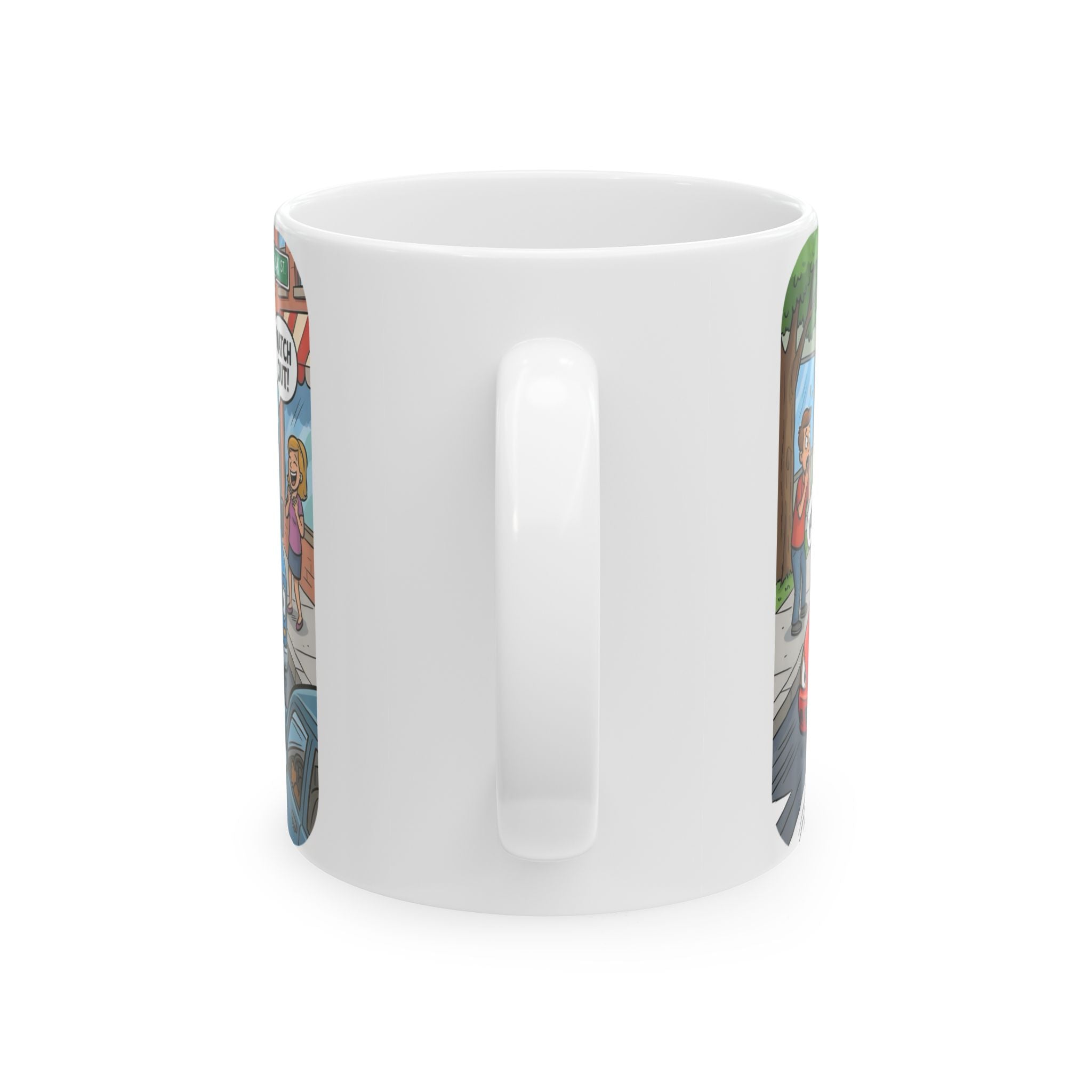 Nutsy's Crossy Road White Ceramic Mug – Adventurous Squirrel Crossing Cup (11oz/15oz)