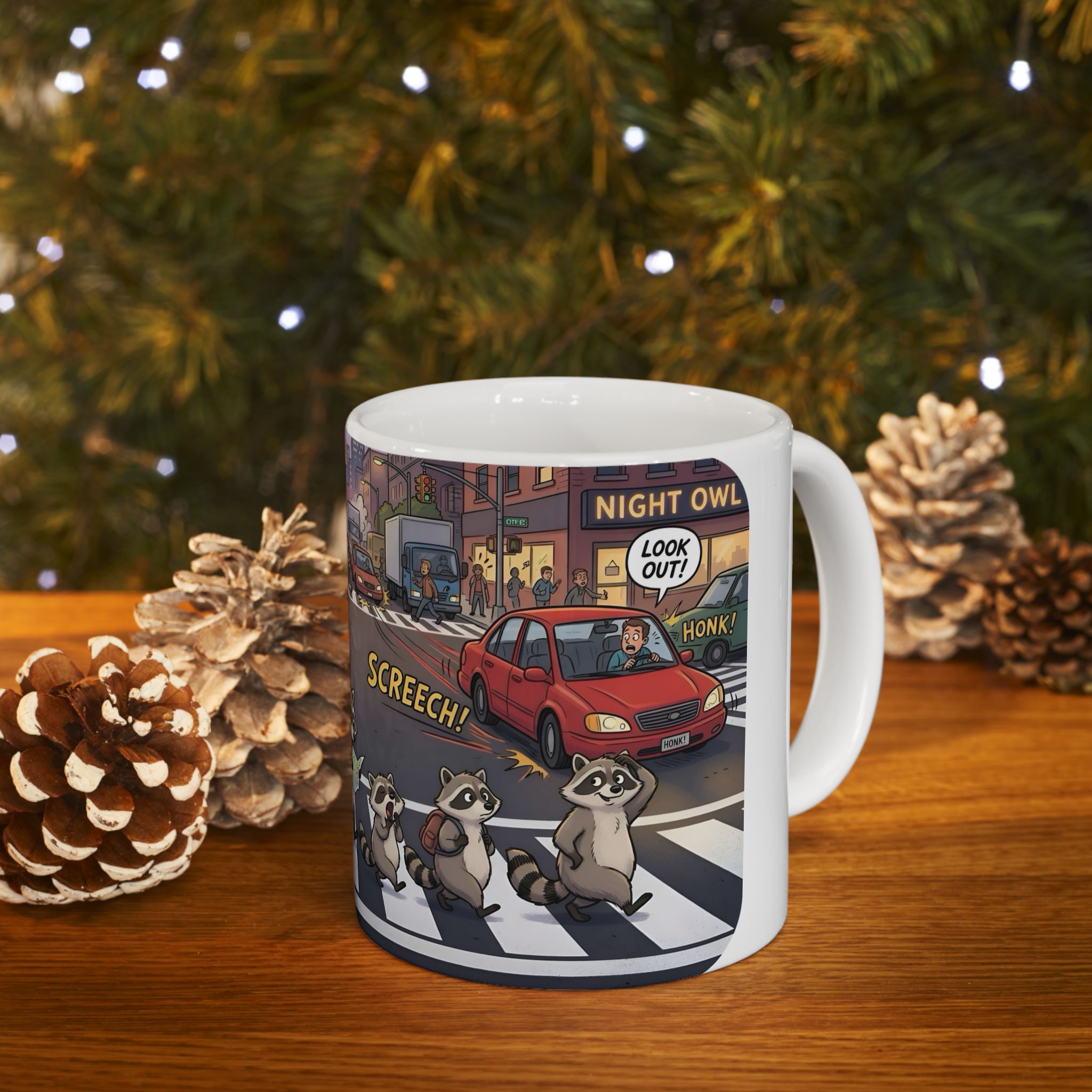 Raccoon Crosswalk White Ceramic Mug (11oz/15oz) – Cute Urban Wildlife Tea Cup