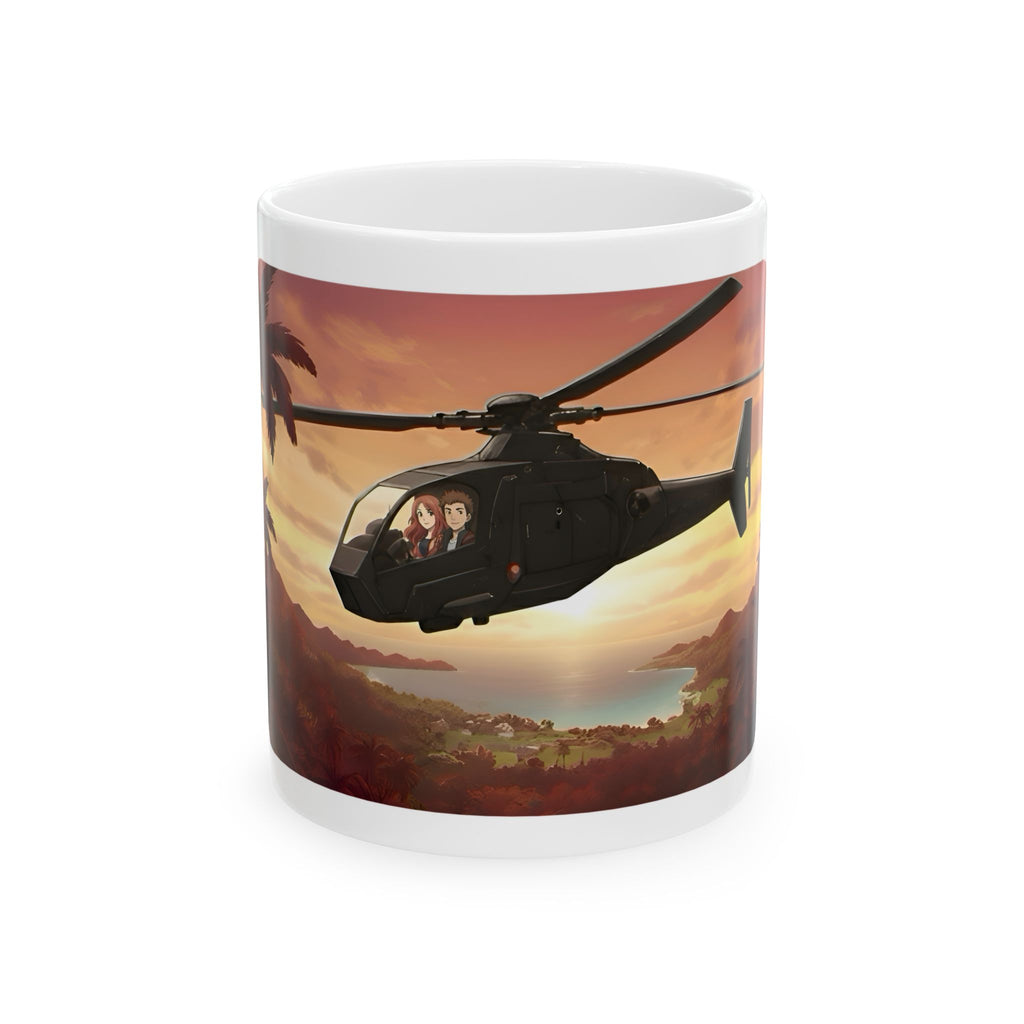 Anime Helicopter Adventure #2 Sunset Beach White Ceramic Mug – Celebrating Companionship, Creativity & Life’s Little Wonders Cup (11oz/15oz)