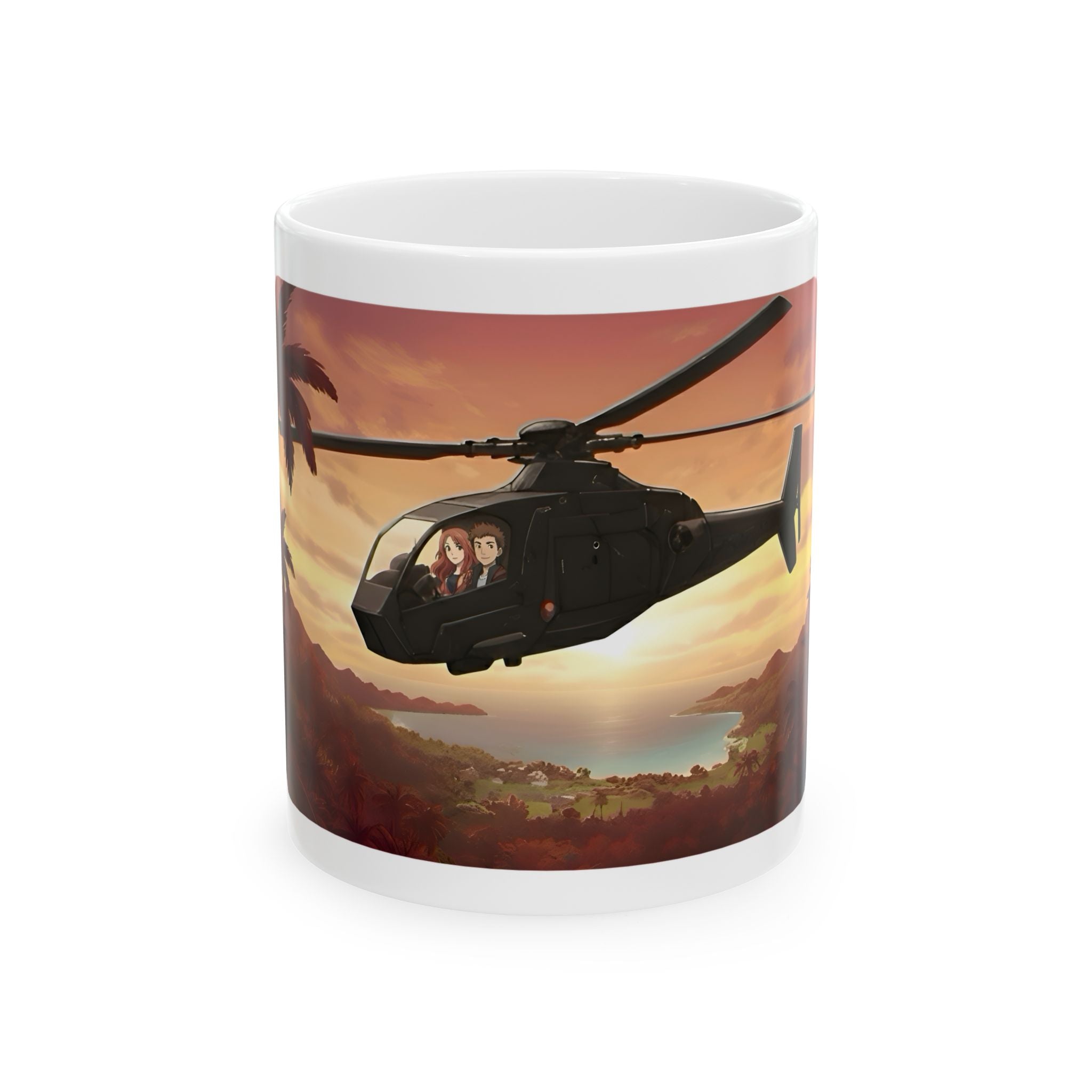 Anime Helicopter Adventure #2 Sunset Beach White Ceramic Mug – Celebrating Companionship, Creativity & Life’s Little Wonders Cup (11oz/15oz)