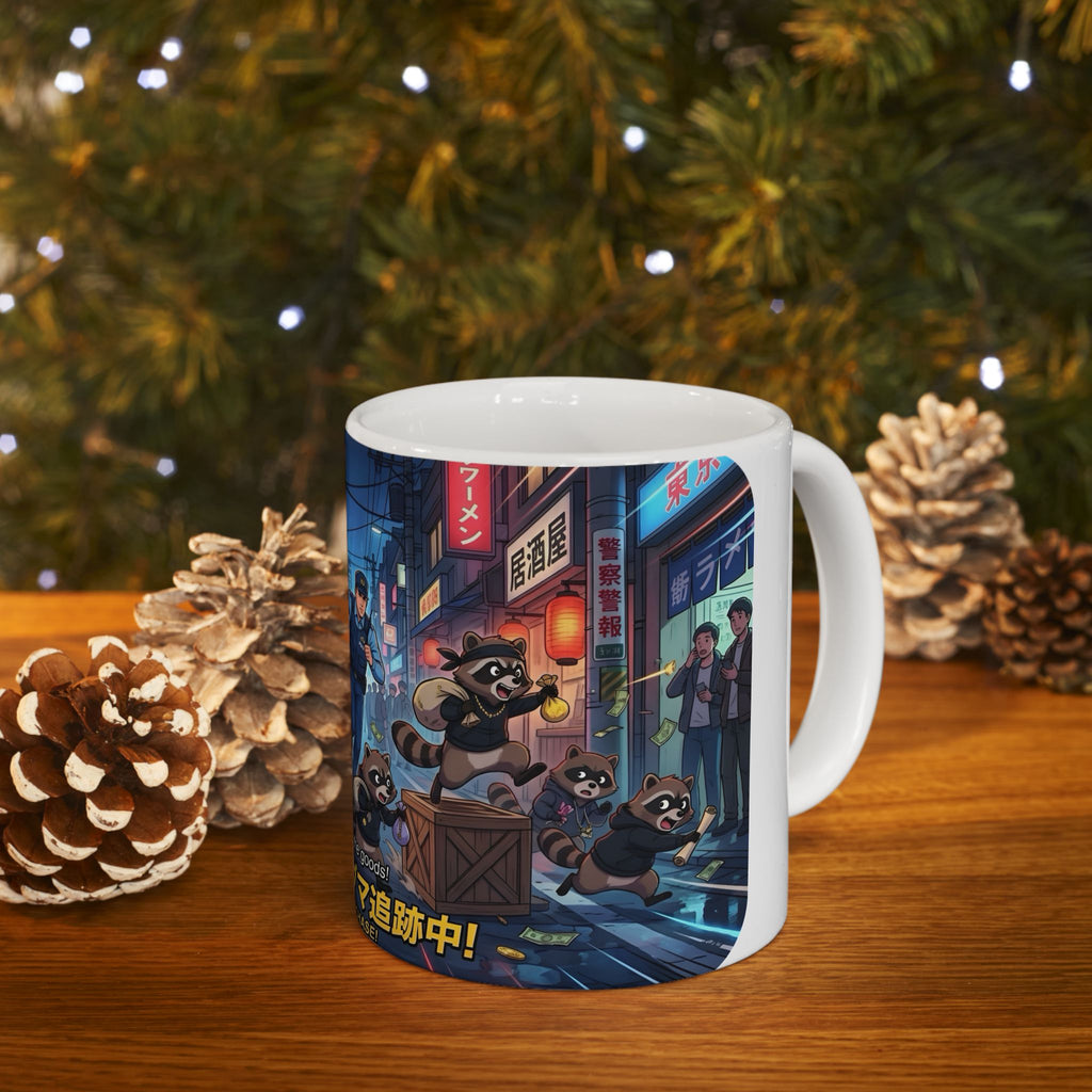 "Raccoon Chase" Anime City Police White Ceramic Mug (11oz/15oz), Urban Ringtails Cup