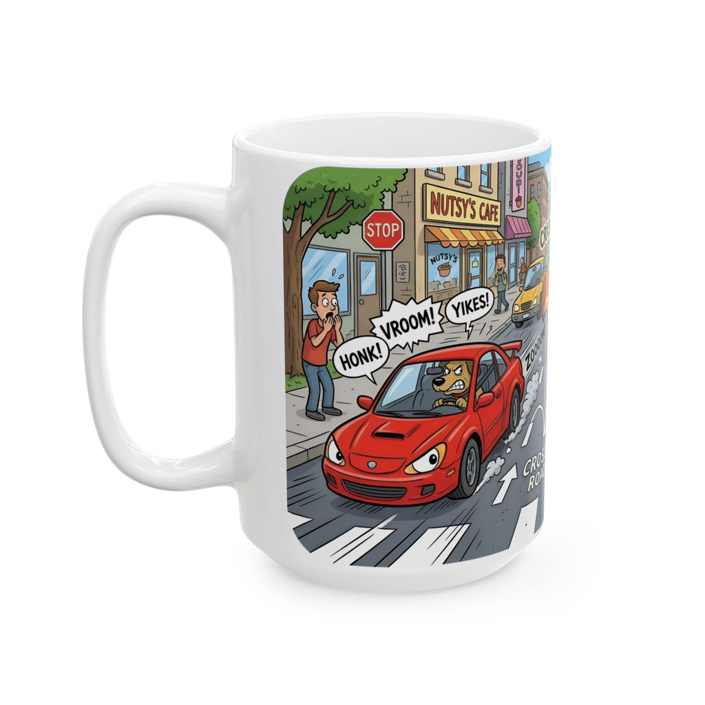 Nutsy's Crossy Road White Ceramic Mug – Adventurous Squirrel Crossing Cup (11oz/15oz)