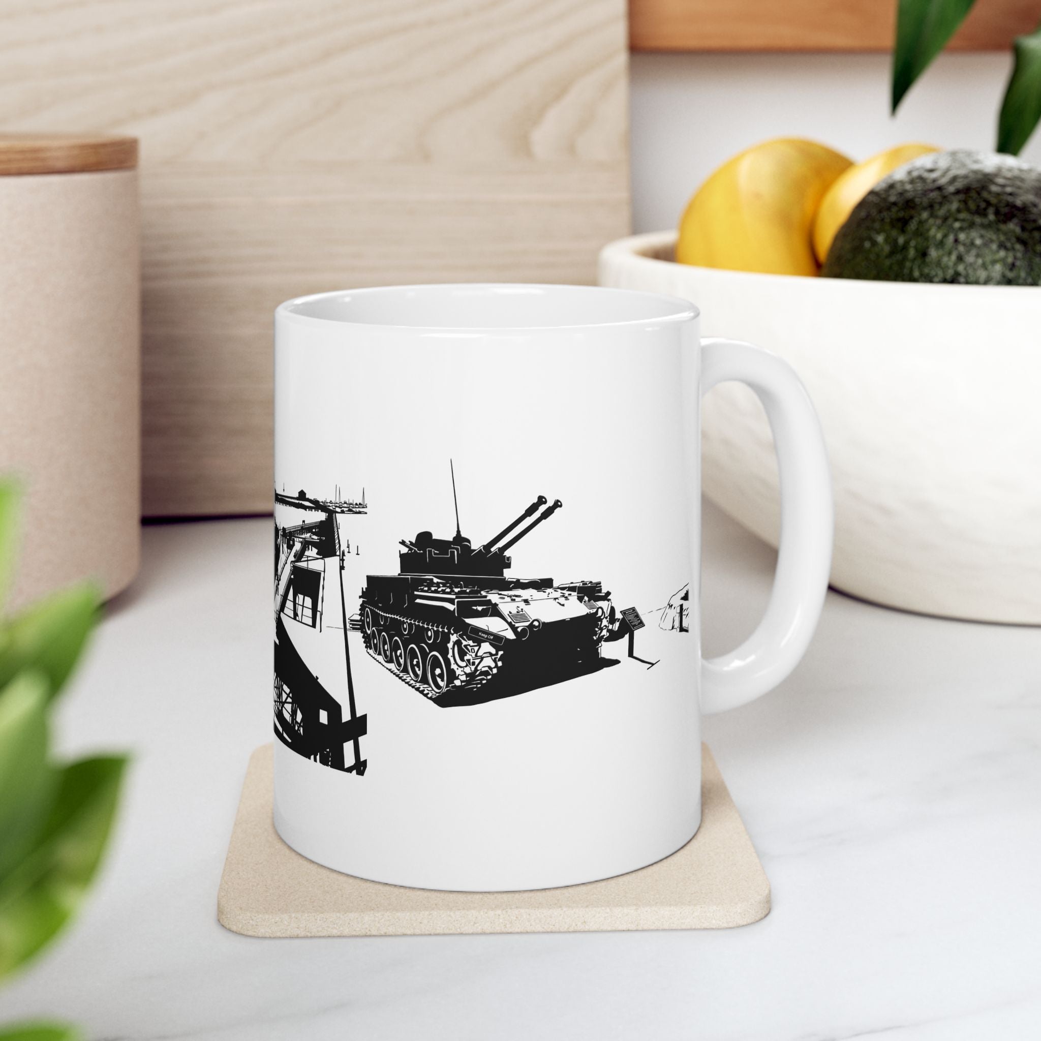 Harbor Panorama White Ceramic Mug — Black & White Maritime Port Cup (11oz, 15oz)