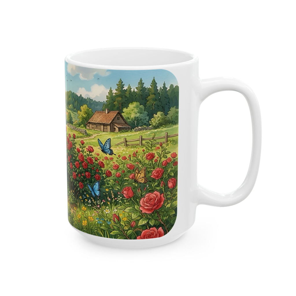 Scenic Countryside White Ceramic Mug — Floral Garden & Butterflies 11oz/15oz