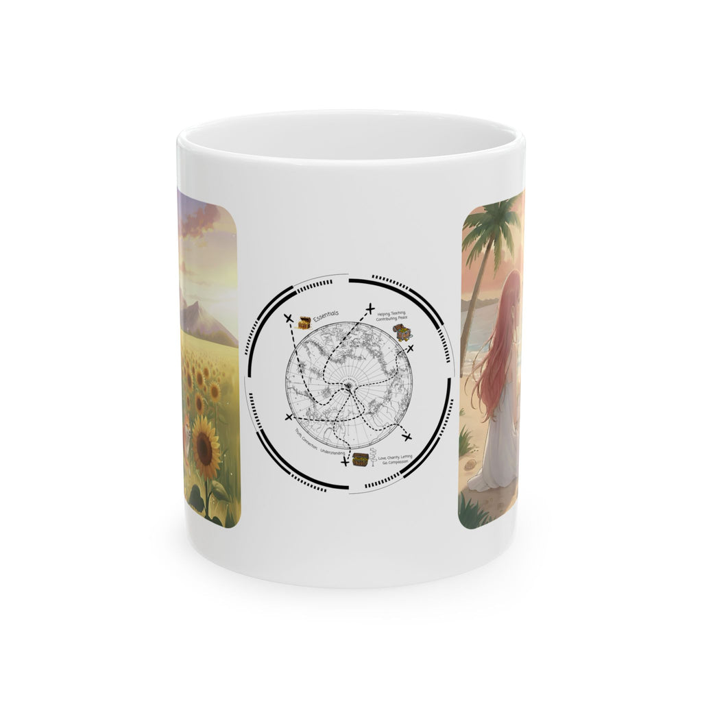 Shiba Inu Dog Orange Cat Sunset & Sunflower White Ceramic Mug — Peaceful Waves Anime Girl Boho Beach Vibes Cup (11oz, 15oz)