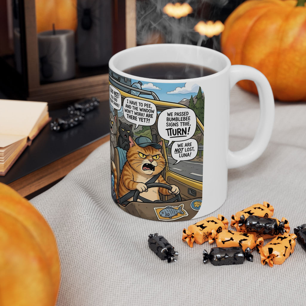 Funny Cat Road Trip White Ceramic Mug — Catnip Kitties Arguing Over Snacks Cup (11oz/15oz)