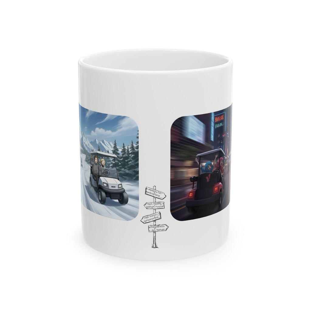 Anime Golf Cart Seasonal & City Adventures #8 White Ceramic Mug — Find Your Path To The Essentials Cup (11oz & 15oz)