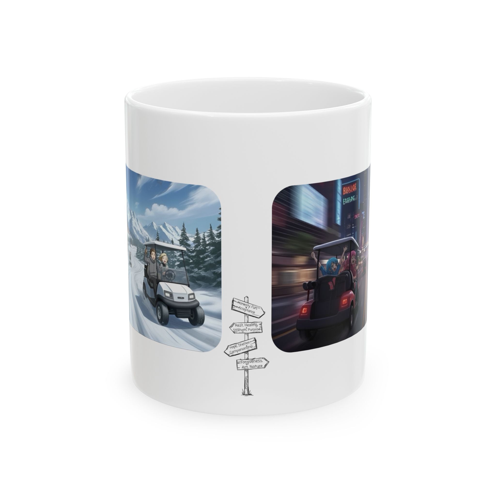 Anime Golf Cart Seasonal & City Adventures #8 White Ceramic Mug — Find Your Path To The Essentials Cup (11oz & 15oz)