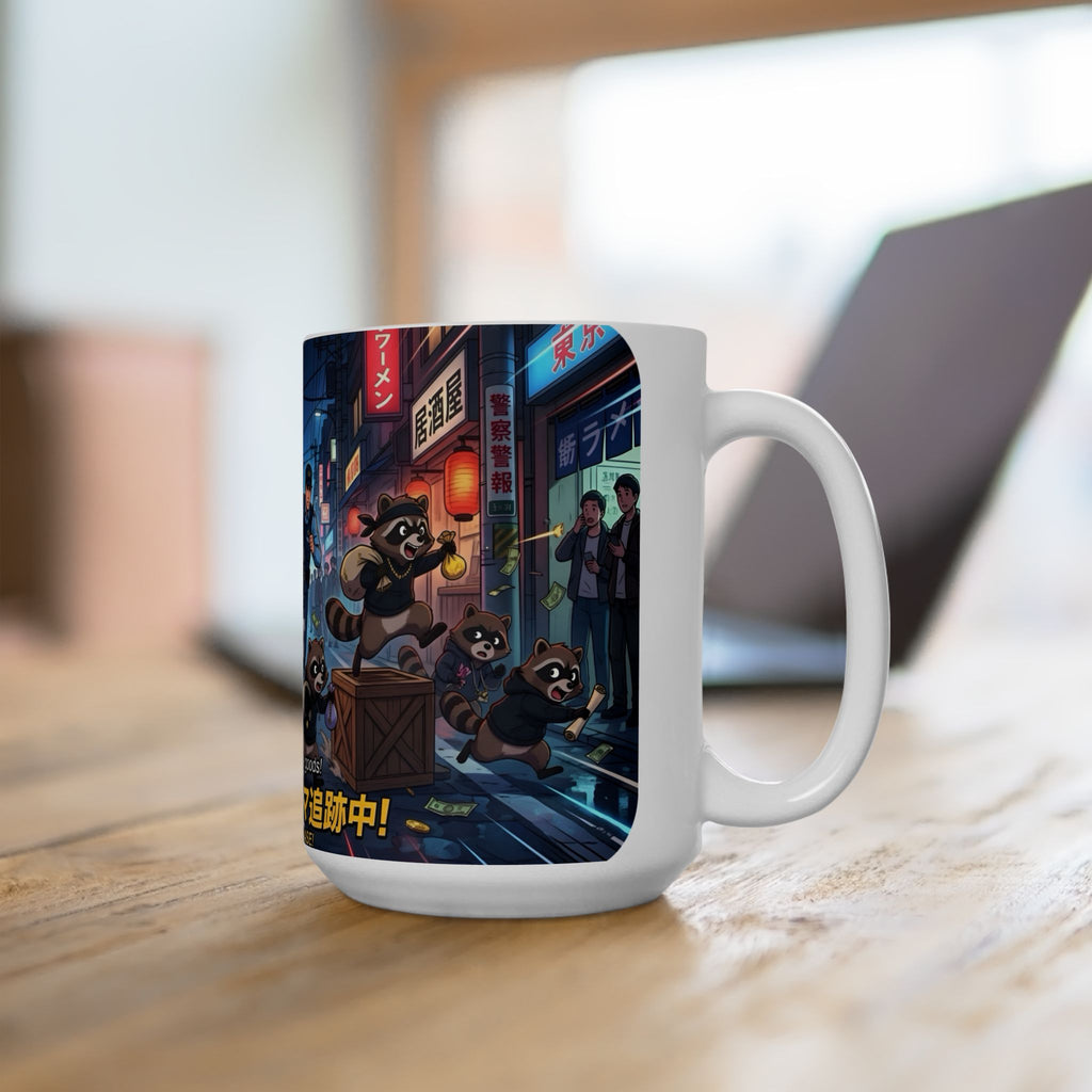 "Raccoon Chase" Anime City Police White Ceramic Mug (11oz/15oz), Urban Ringtails Cup