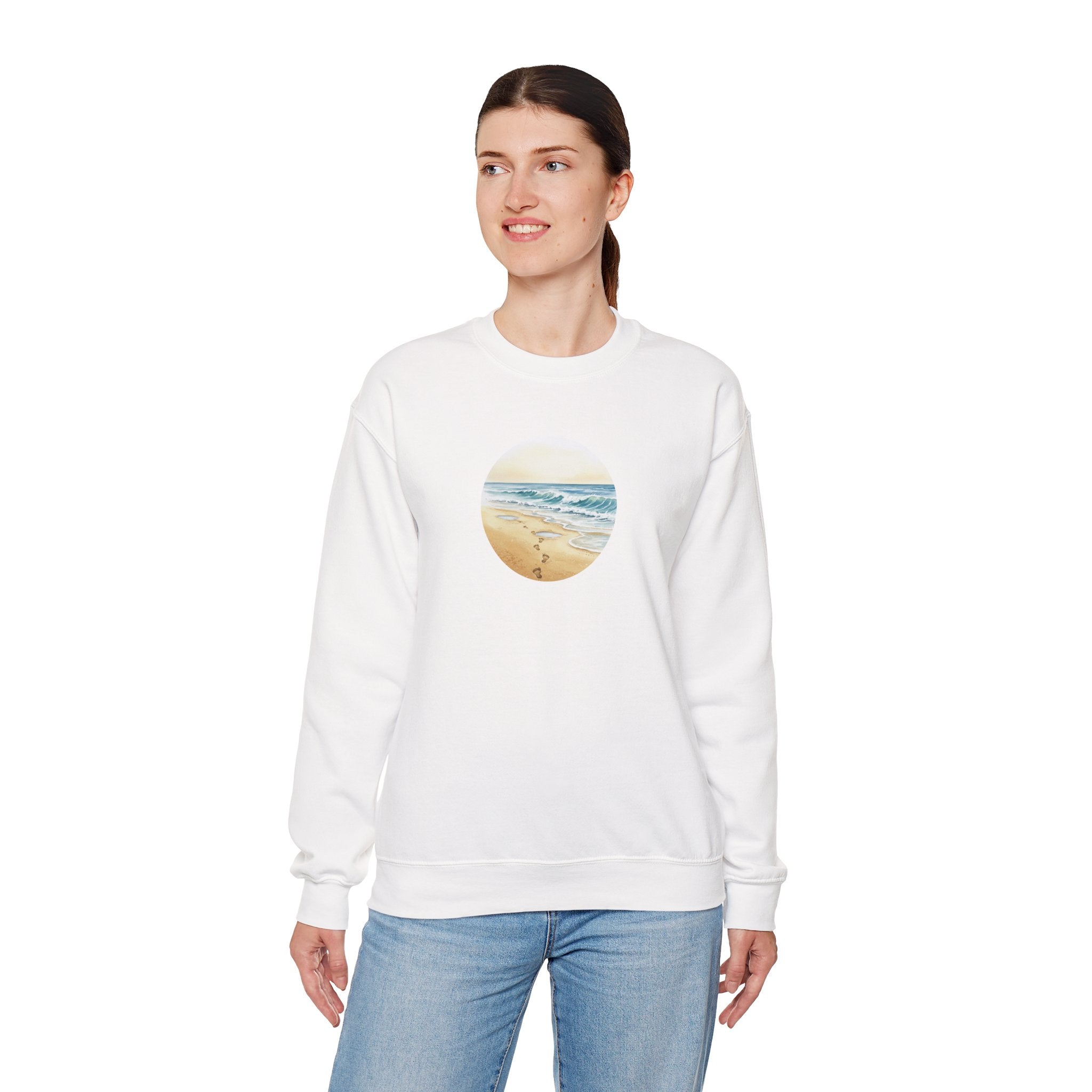 Beach Circle Crewneck Sweatshirt — Coastal Footprints In The Sand At Sunset Sweater
