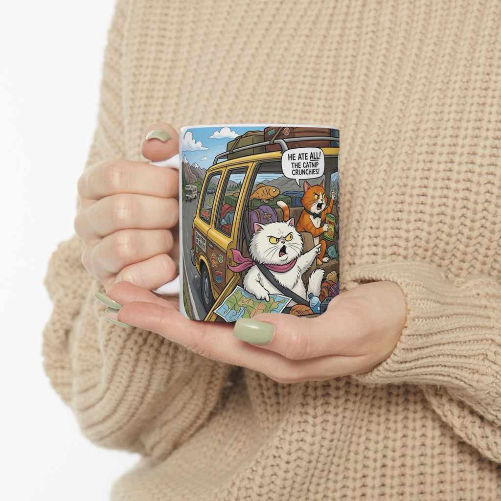 Funny Cat Road Trip White Ceramic Mug — Catnip Kitties Arguing Over Snacks Cup (11oz/15oz)