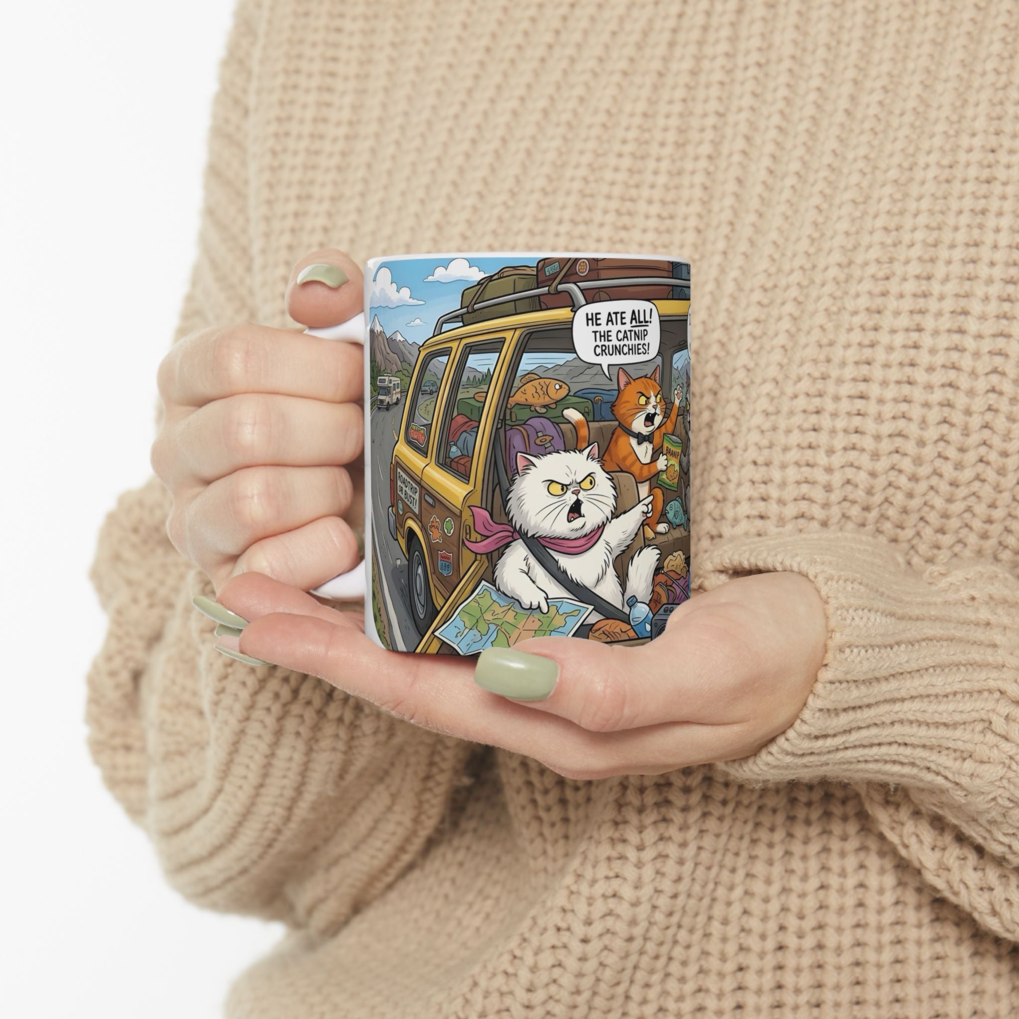 Funny Cat Road Trip White Ceramic Mug — Catnip Kitties Arguing Over Snacks Cup (11oz/15oz)