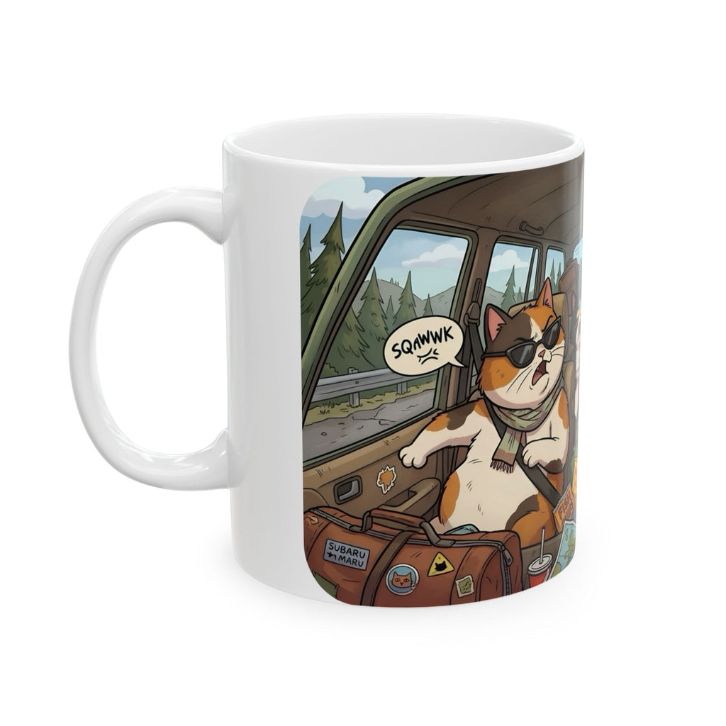 Angry Cats On A Road Trip White Ceramic Mug — Funny Kitty Crew Travel Cup (11oz, 15oz)