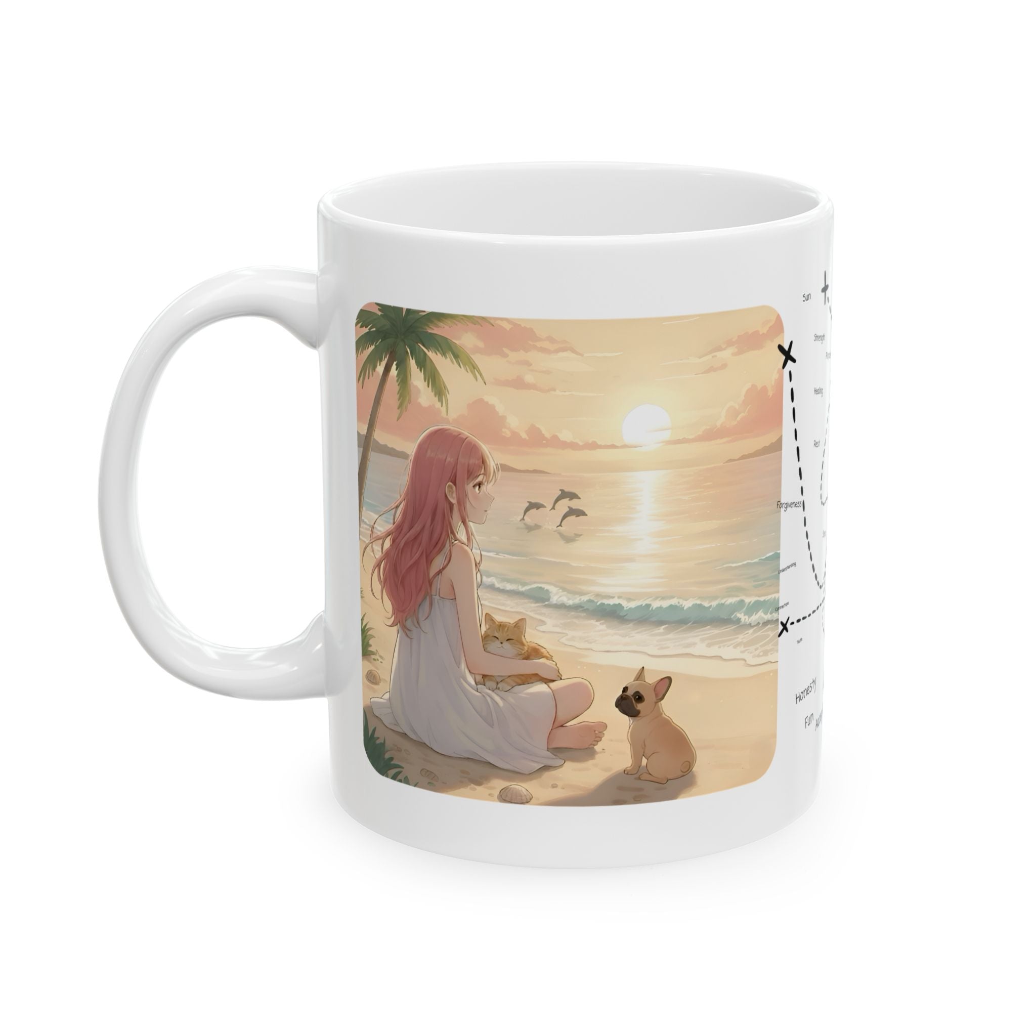 Cute French Bulldog, Pug & Orange Cat Coastal Vibe White Ceramic Mug, Cozy Sunset Seascape Anime Girl Cup (11oz, 15oz)